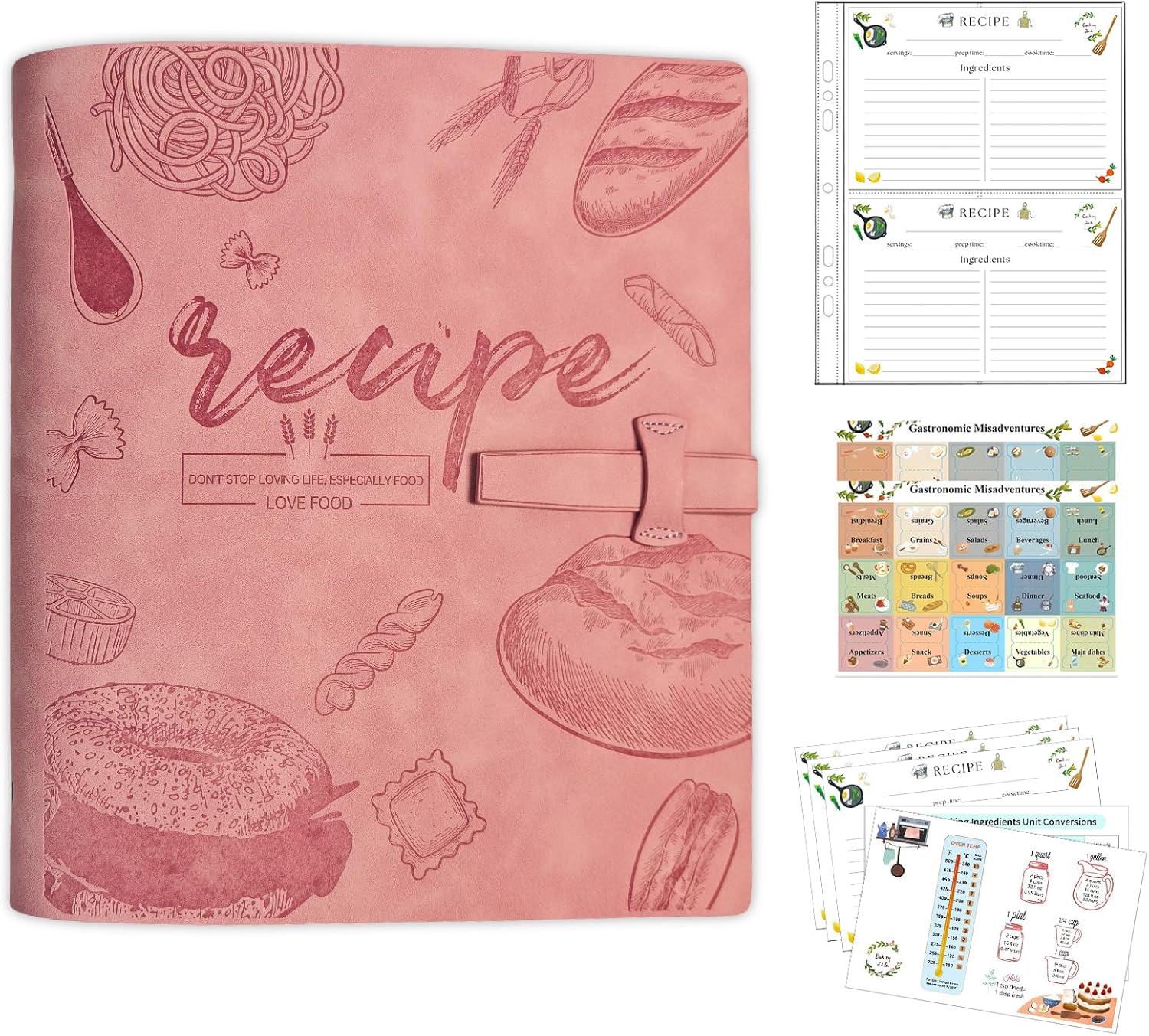 Recipe Binder, Recipe Book Binder with Plastic Sleeves, Blank Recipe Card Book to Write in Your Own Recipes (4" x 6" Recipe Cards & Category Tab) (Pink)