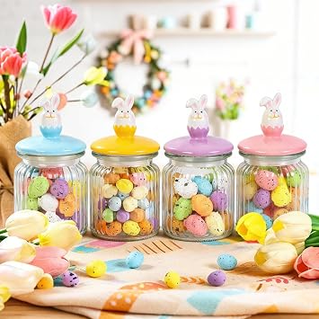 Easter Decorations Glass Jars with Ceramic Bunny-in-Eggshell Lids, 4 Pack Airtight Candy Containers for Chocolate Sweets, Mini Eggs Storage, Spring Table Centerpiece Gift (include Foam Eggs)