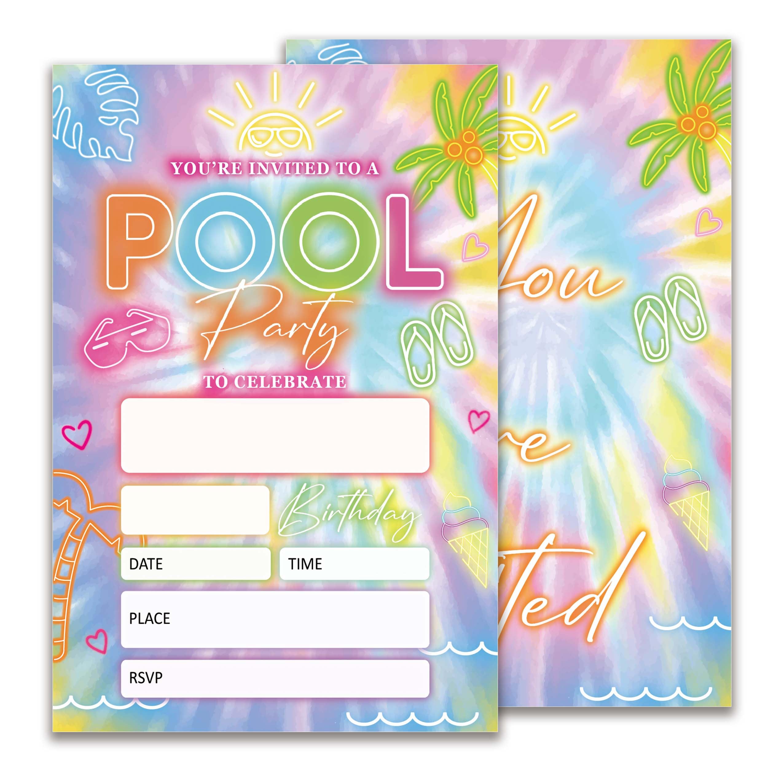 JUPXB Glow Pool Birthday Party Invitations, Neon Party Birthday Invitations for Boys Girls, 20 Double-Sided Design Birthday Invites with Envelopes (