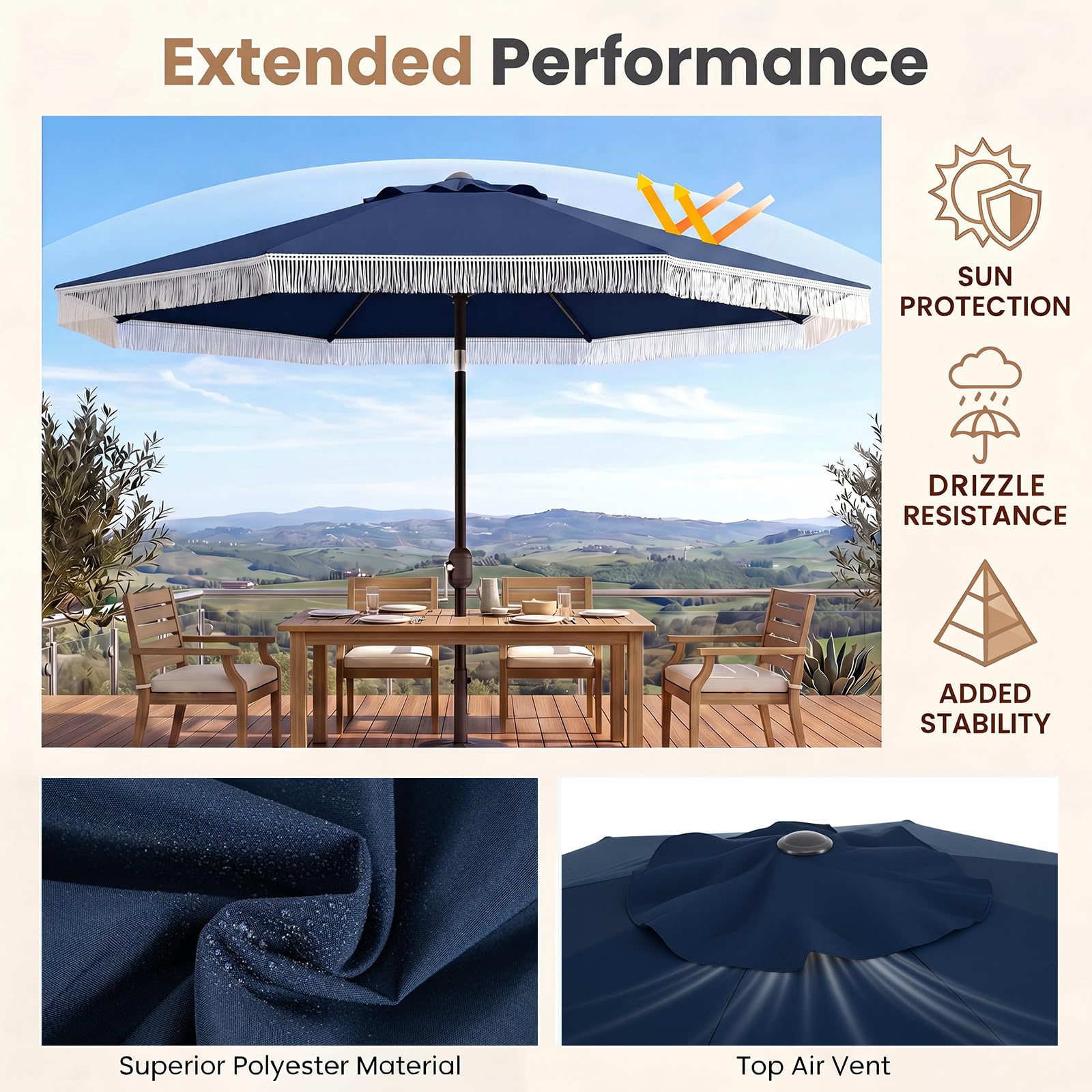 KOMFOTTEU Ø 270 cm Parasol de Jardin Exterieur, inclinable à 30°