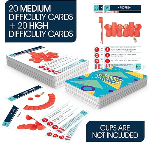 Miniatura 2 de Gamie Juego de cartas de desafío para apilar tazas, 40 cartas adicionales con instrucciones (idioma español no garantizado), 20 cartas medianas y 20
