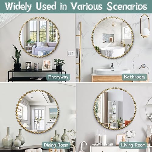 Miniatura 6 de Jesantab Espejo de pared redondo dorado de 32 pulgadas, espejo de marco esférico de madera para tocador de baño, espejos circulares modernos para