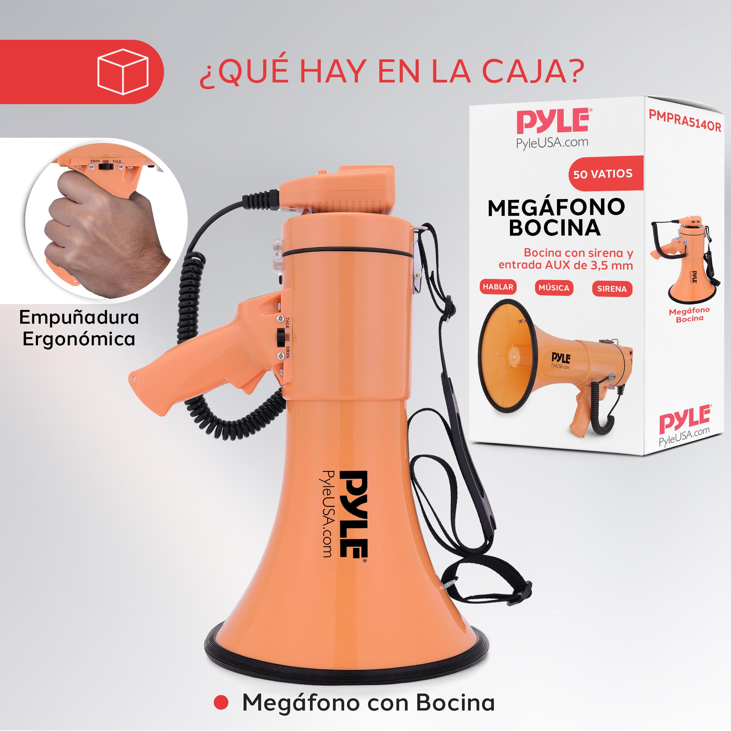 Pyle megafono, Altavoz, Portatil, 50V, Volumen Ajustable, Sirena, Correa para el Hombro, Entrada AUX, Compacto, Ideal para anuncios, Eventos, Deportes y mas