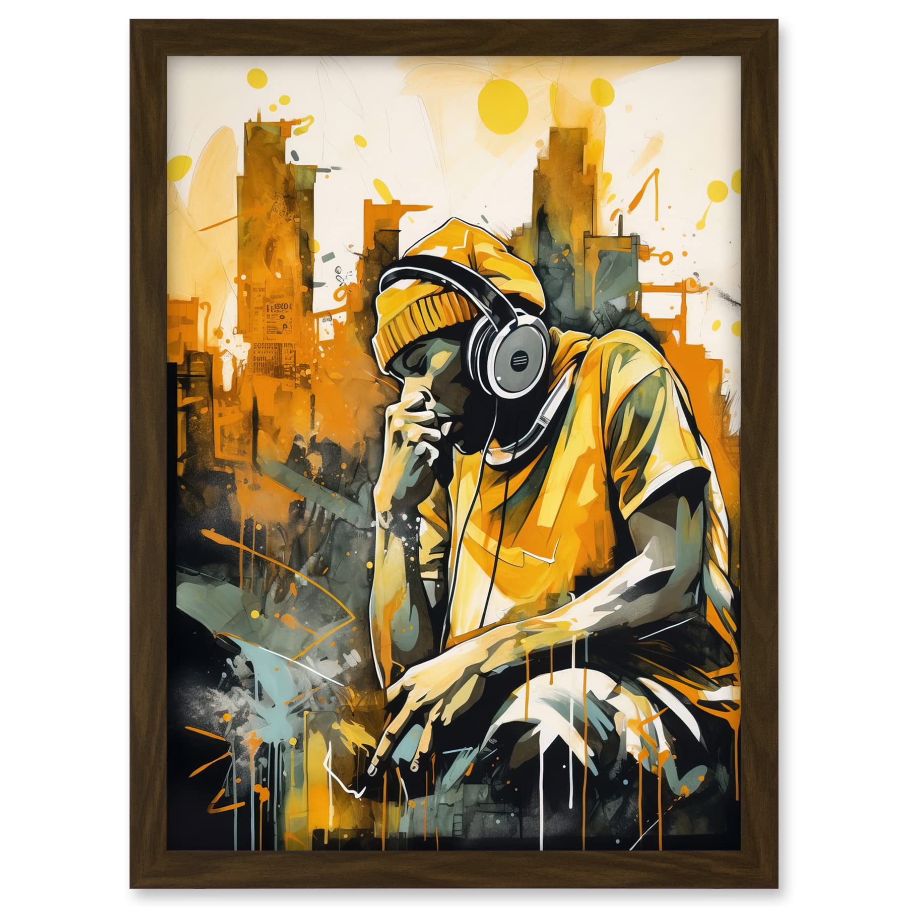 Artery8 Abstract Cityscape Young Man Wearing Headphones Listening to Music Modern Watercolour Illustration Artwork Framed A3 Wall Art Print