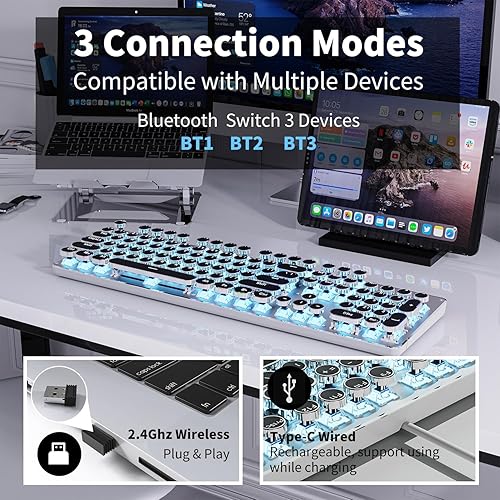 Miniatura 3 de EWEADN TK950 - Teclado mecánico inalámbrico, 104 teclas estéticas de máquina de escribir con retroiluminación azul, anti-fantasma, interruptor azul