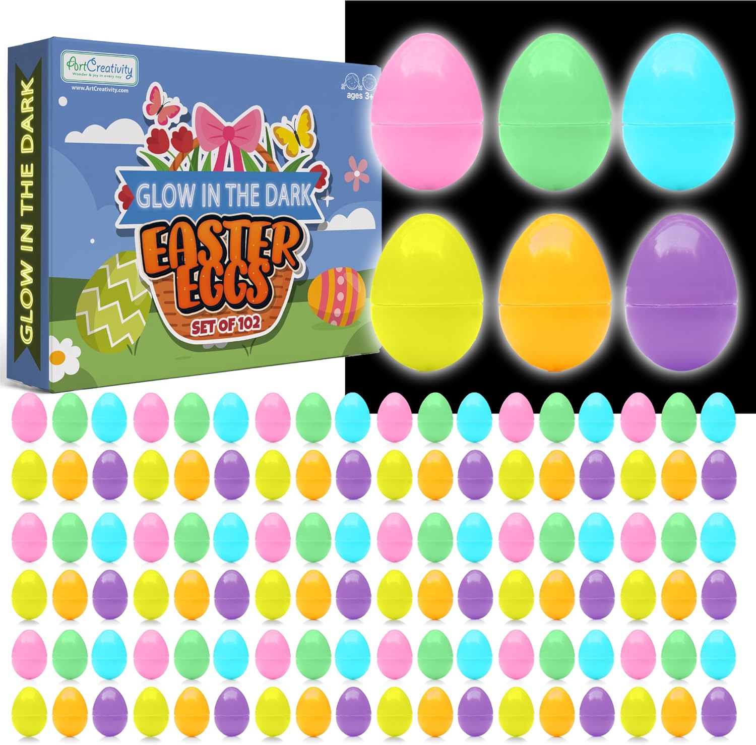 ArtCreativity Glow in the Dark Easter Eggs Set - 102 Eggs and 144 Glowsticks - Multiple Colors for a Glowing Spectacle - Unique Easter Egg Hunt Supplies - Glow in the Dark Party Favors