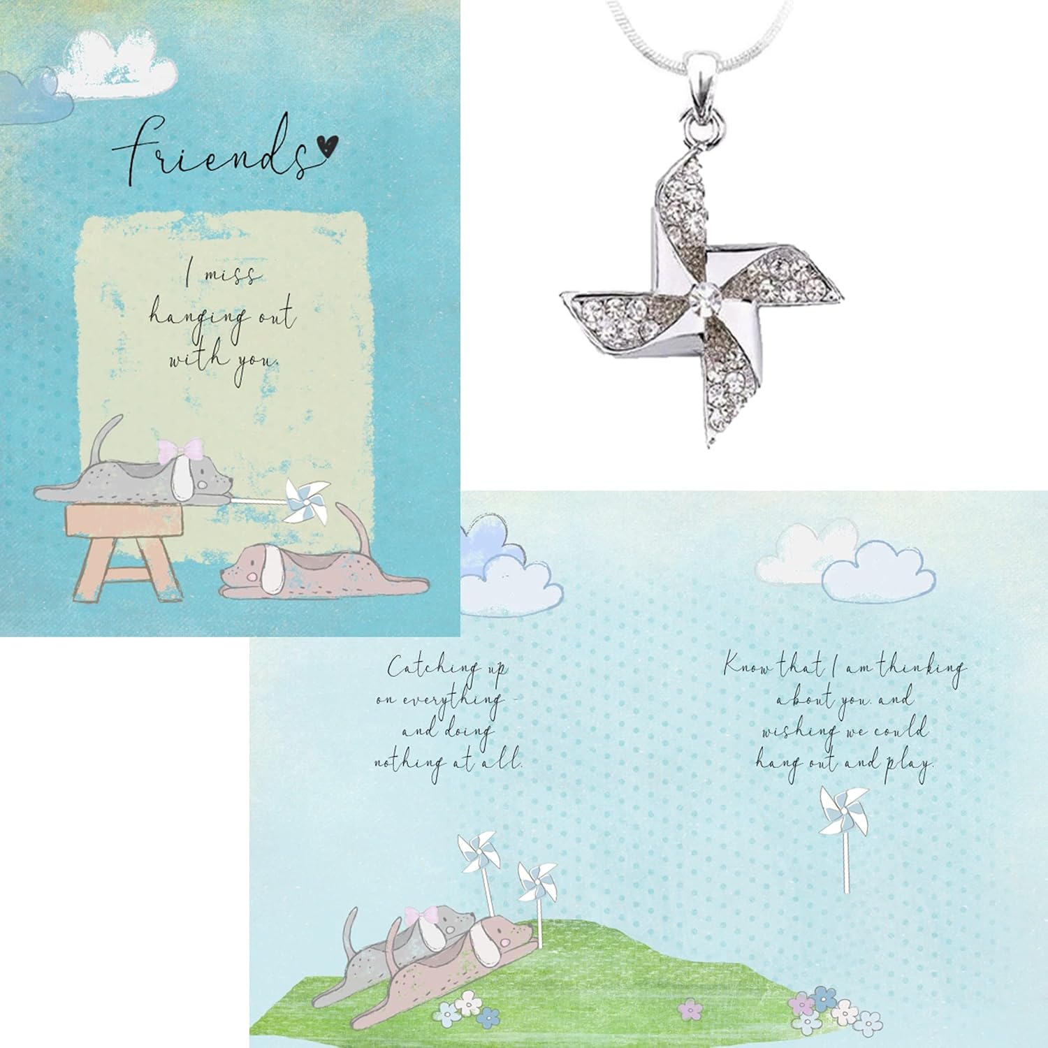 Smiling Wisdom | I Miss Hanging Out With You Childhood Friend Greeting Card and Pinwheel Necklace Gift Set | Woman Friend | Silver Whirligig