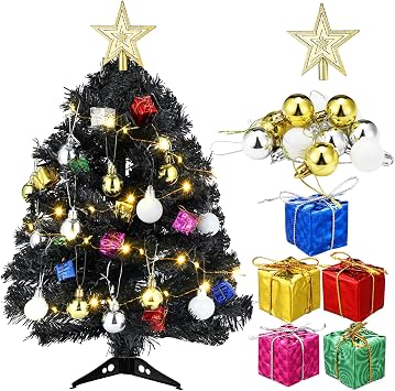 Hungdao 20 Inch Tabletop Mini Christmas Tree Set with LED Lights Artificial Small Xmas Tree DIY Decor Ornaments Balls, Star Treetop for Home Indoor Table DeskBlack