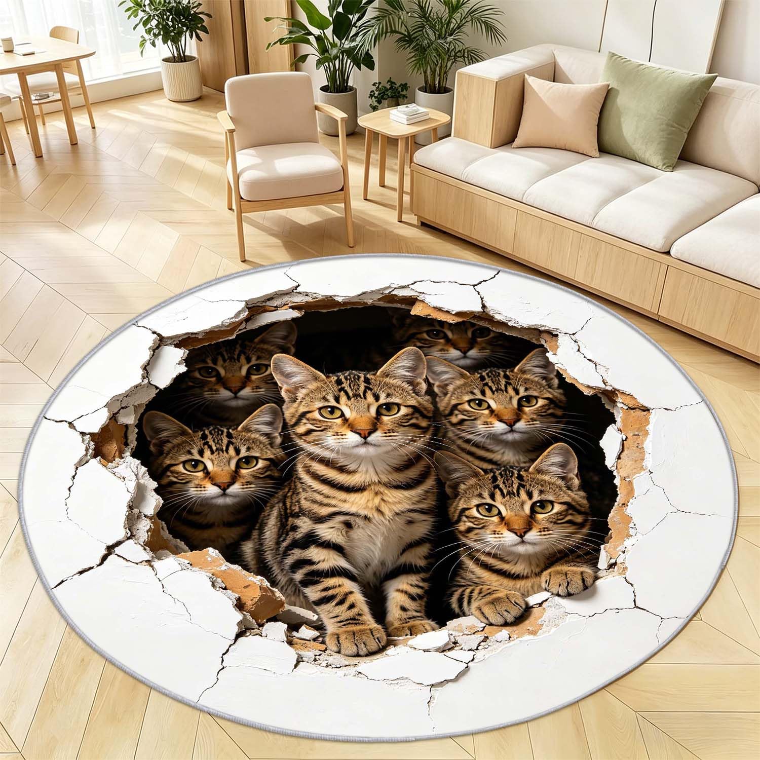 Tapis rond chat 160 cm antidérapant et tapis salon 3D chaton doux