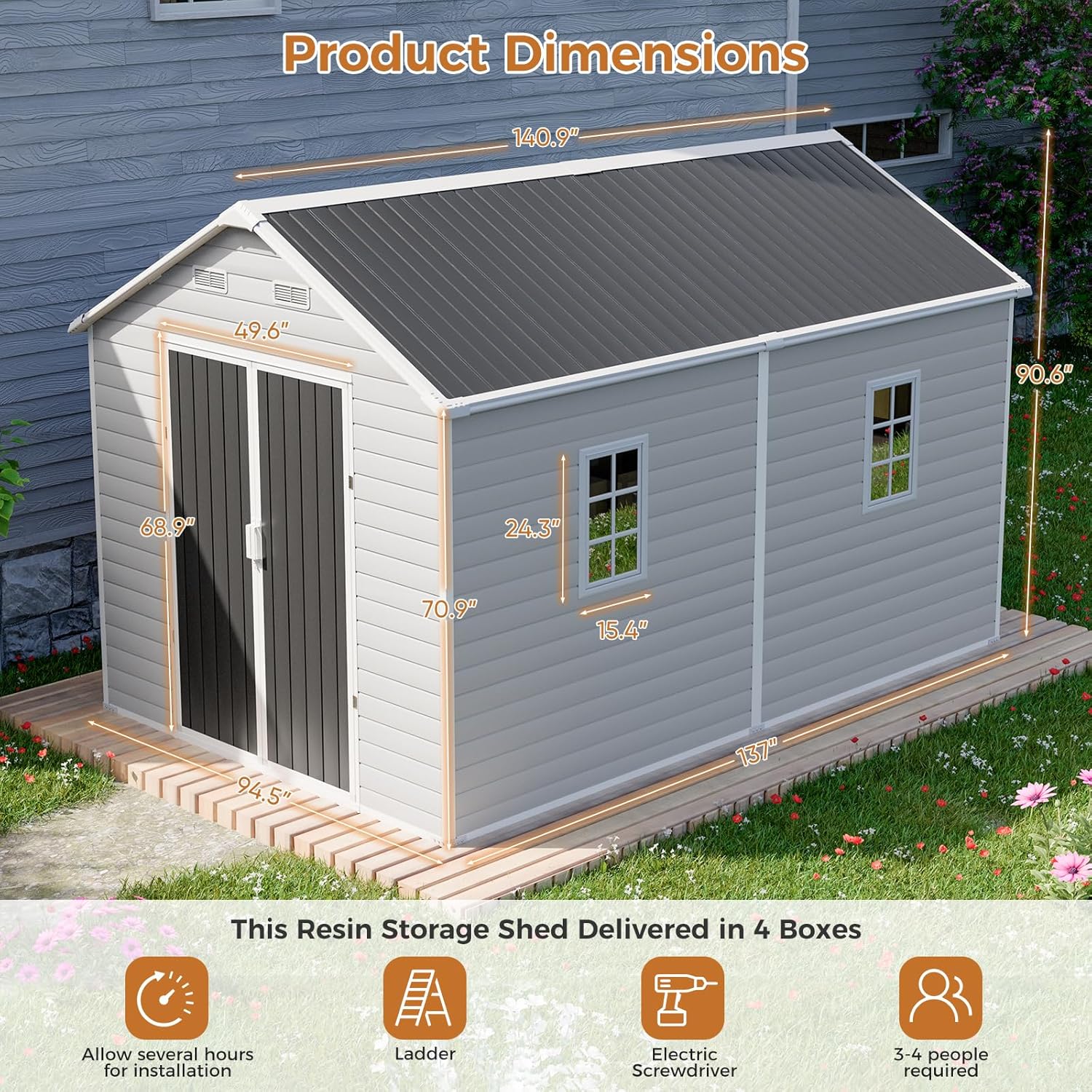 CDCASA Resin Storage Shed 8x12 FT, Waterproof Outdoor Sheds Heavy Duty Aluminum Frame Outside Plastic Tool Shed with Adjustable Openable Windows, Lockable Door for Backyard, Garden, Lawn, Dove Grey