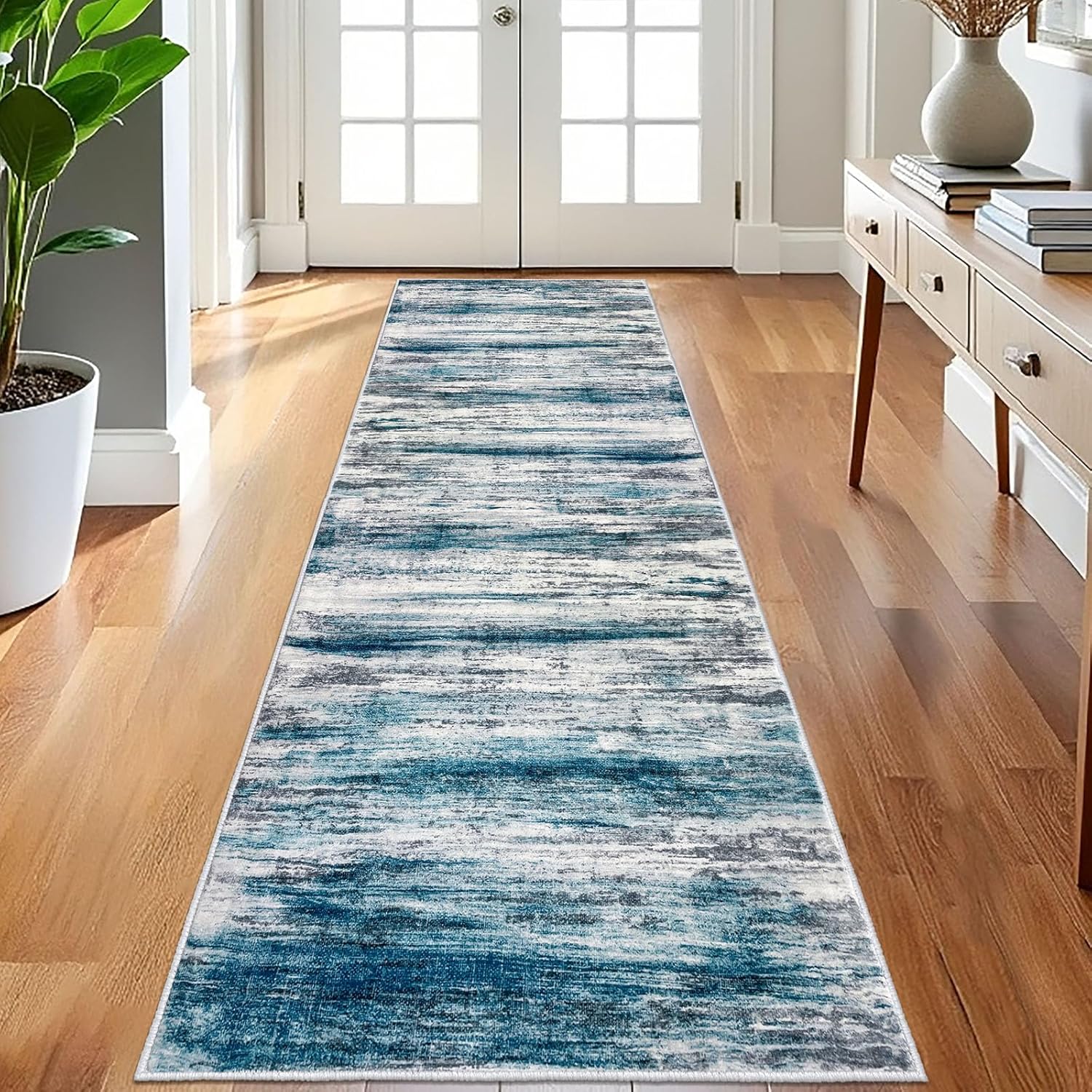 KOZYFLY 3x8 Area Rug Modern Ombre Area Rug for Bedroom, Washable Rug Non-Slip Soft Striped Living Room Rug, Print Blue Abstract Carpet for Laundry Nursery