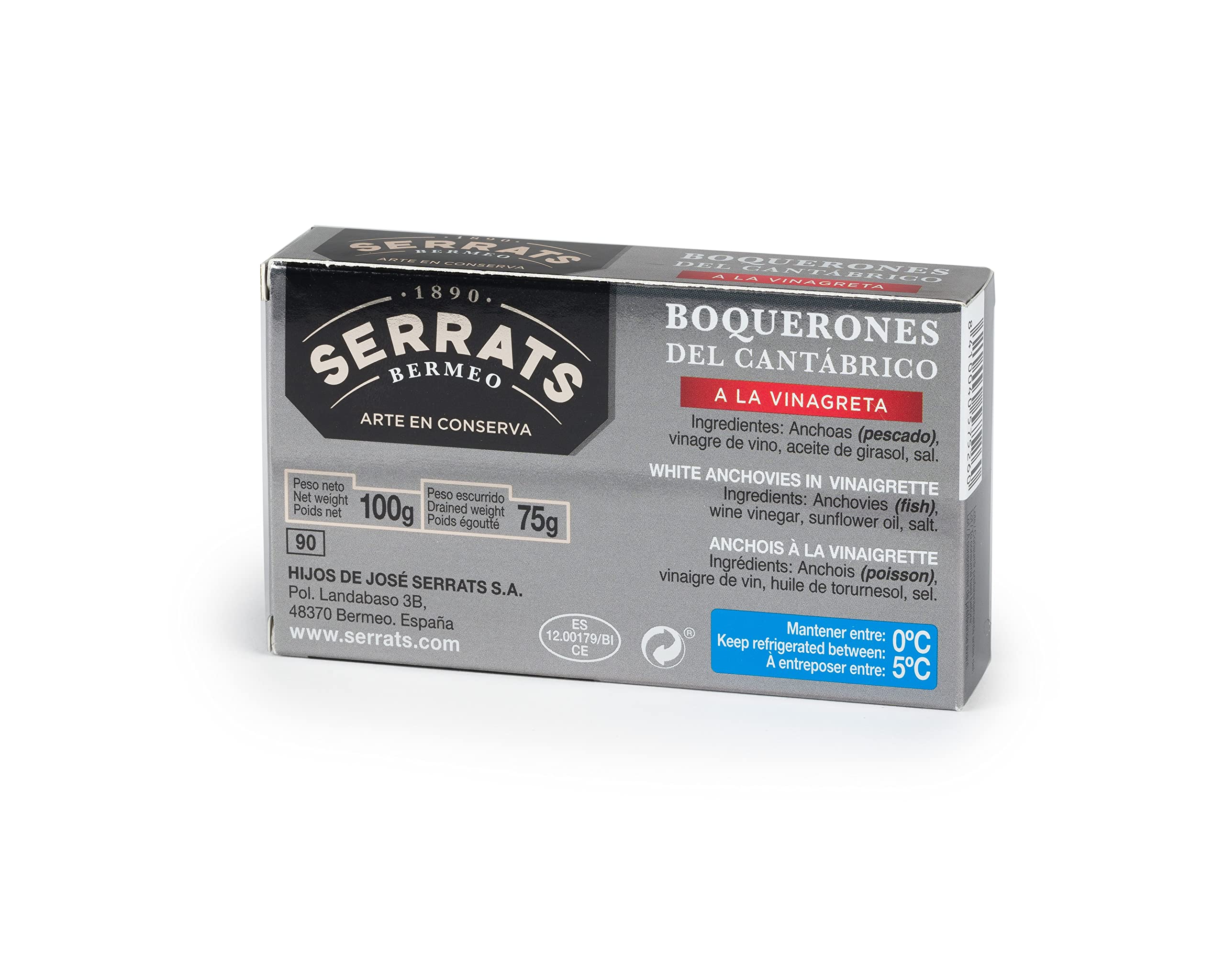 CONSERVAS SERRATS - Boquerones del Cantábrico a la Vinagreta Artesanal Tradicional - 12 Latas x 100g (Total: 1200g) - Macerados en Vinagre - Limpieza Manual - Sin Espinas – Gourmet