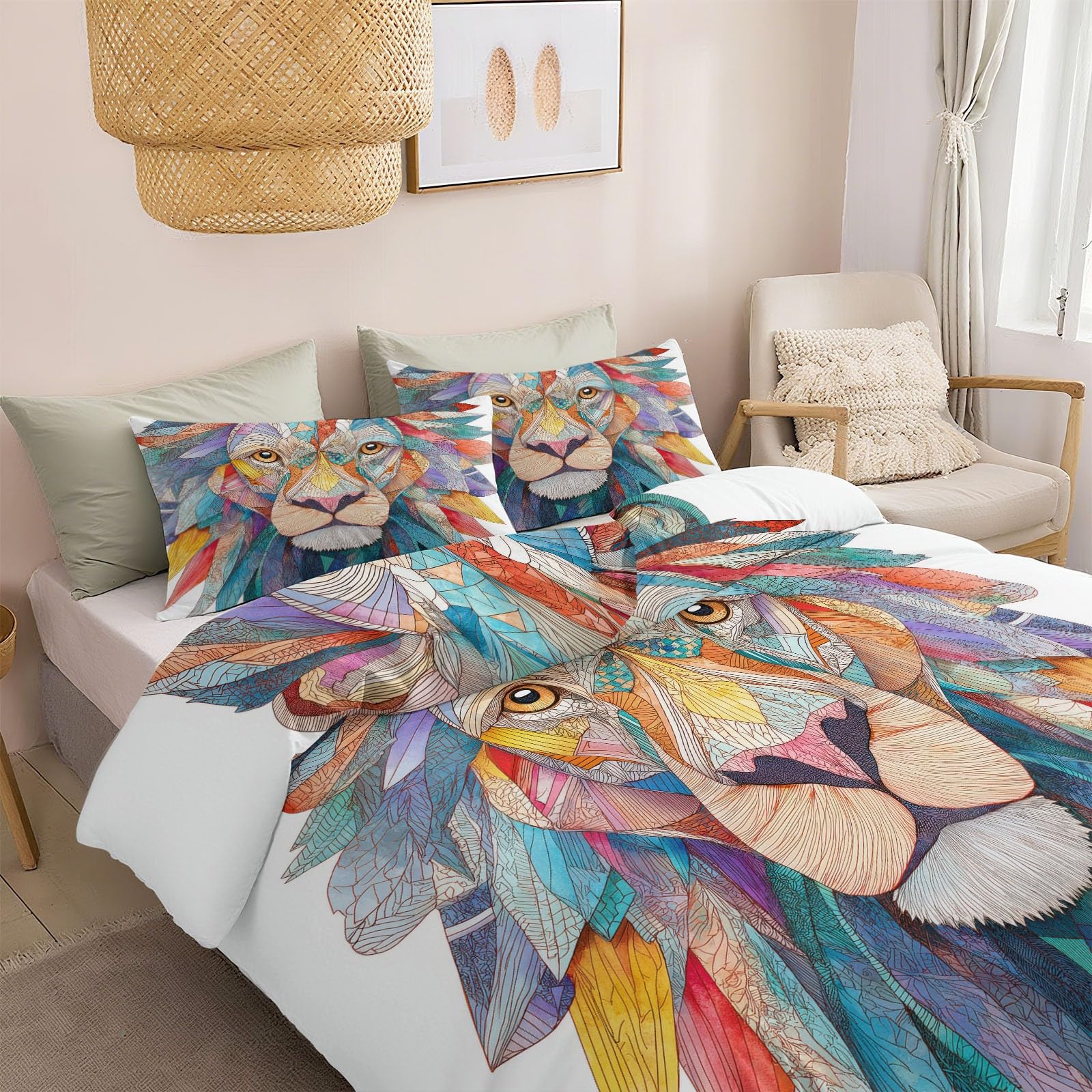 Lew Pościel dla nastolatków 135 x 200 cm, 3-częściowa, pościel z mikrofibry i 2 poszewki na poduszkę 80 x 80 cm, przytulna, miękka, biała pościel z zamkiem błyskawicznym