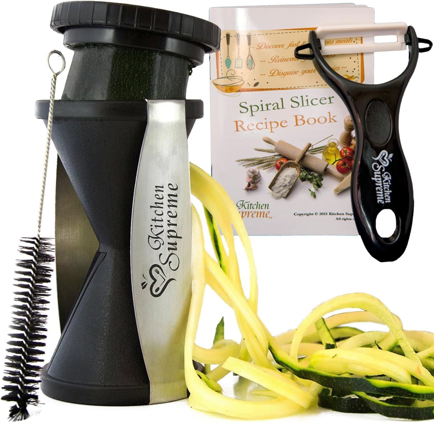 Zucchini Spaghetti Maker Complete Bundle - Best Spiraler Spiralizer with Peeler & Brush - Noddle Zoodler to Spiral Julienne & Fettuccine Pasta Hand Slicer - Low Carb/Keto/Paleo/Gluten Free CookBook