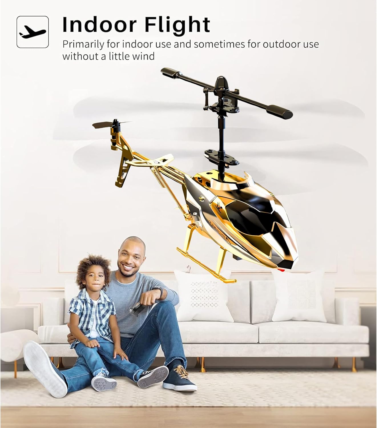 Father and child playing with SGM XK913-X RC Helicopter indoors