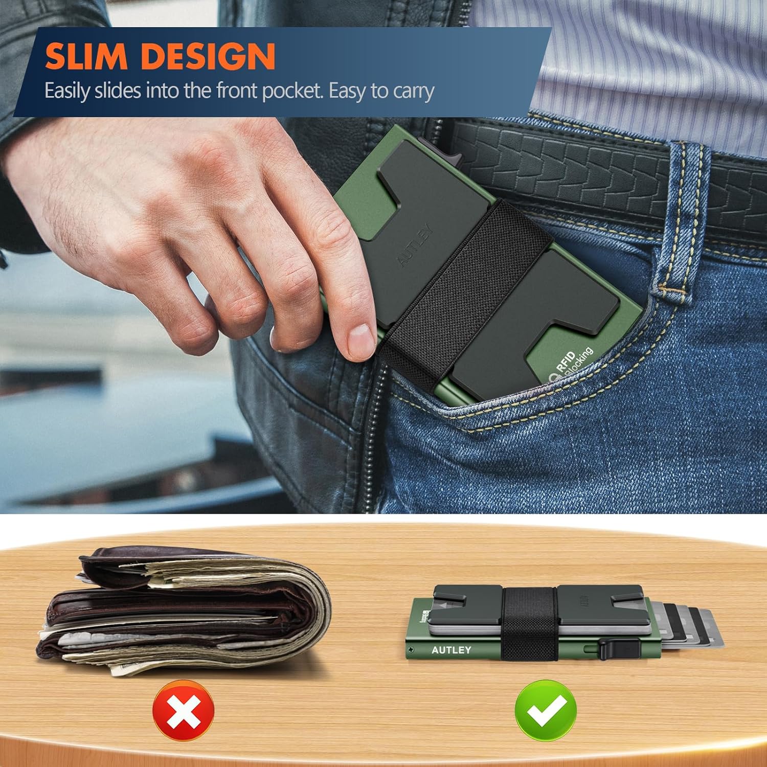 AUTLEY Slim Wallet For Men, Minimalist Mens Wallet Pop Up Wallet, Rfid Blocking Credit Card Holder Wallet with Cash Band (Green) - Image 3