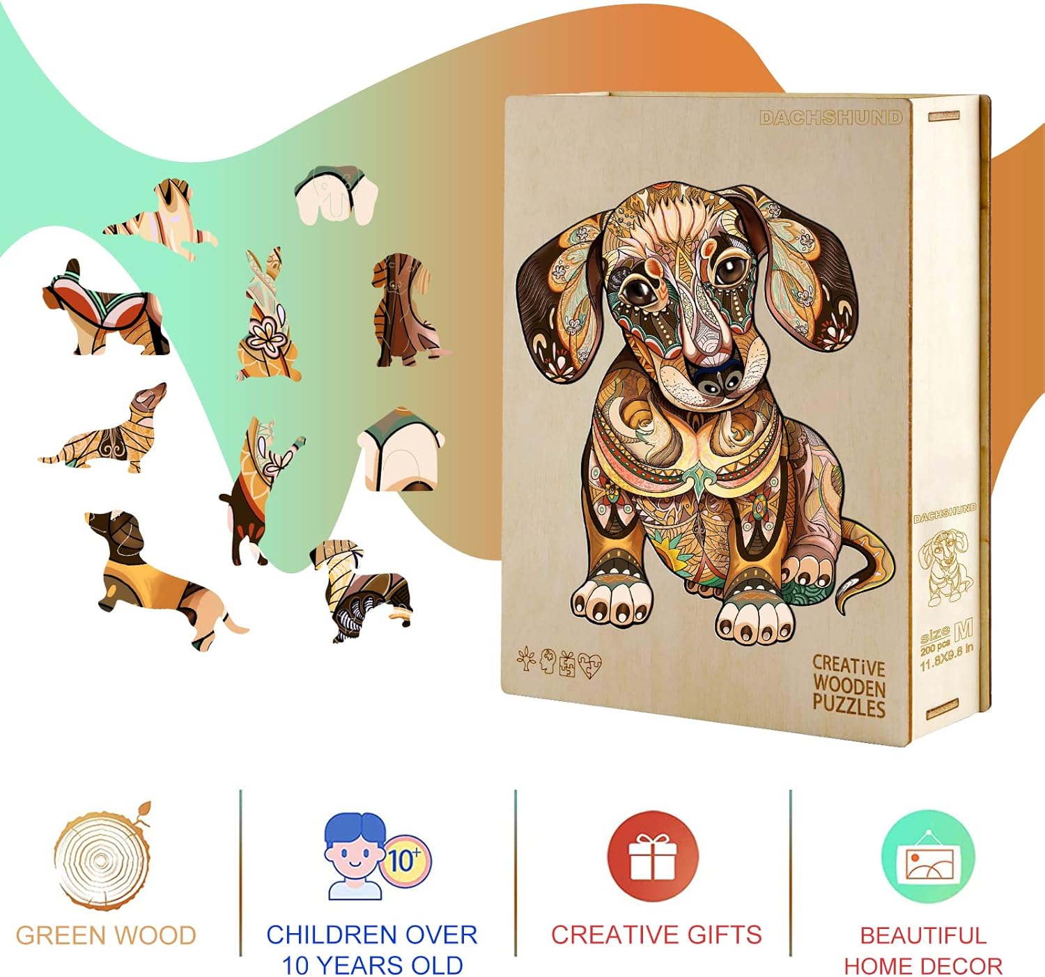 KAAYEE Wooden Jigsaw Puzzles-Dachshund Puzzle Unique Shape Advanced Animal Wooden Puzzle,Best Gift 11.8 * 9.8in,200pcs