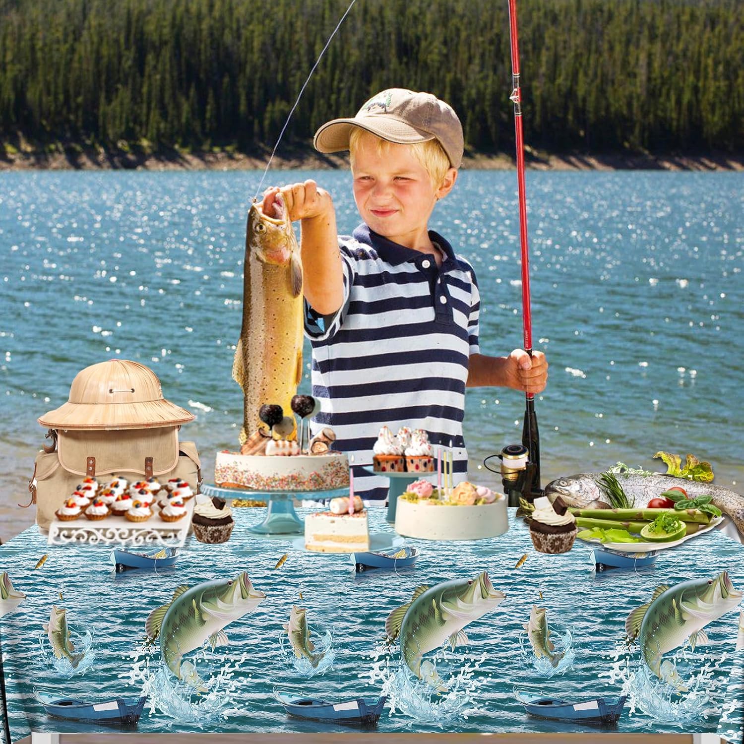 Juweked 2Pcs Fish Table Cloth Plastic Fish Party Decorations (54" x 108") Bass Fishs Table Cloth Fishs Party Decorations for Birthday Little Fisherman