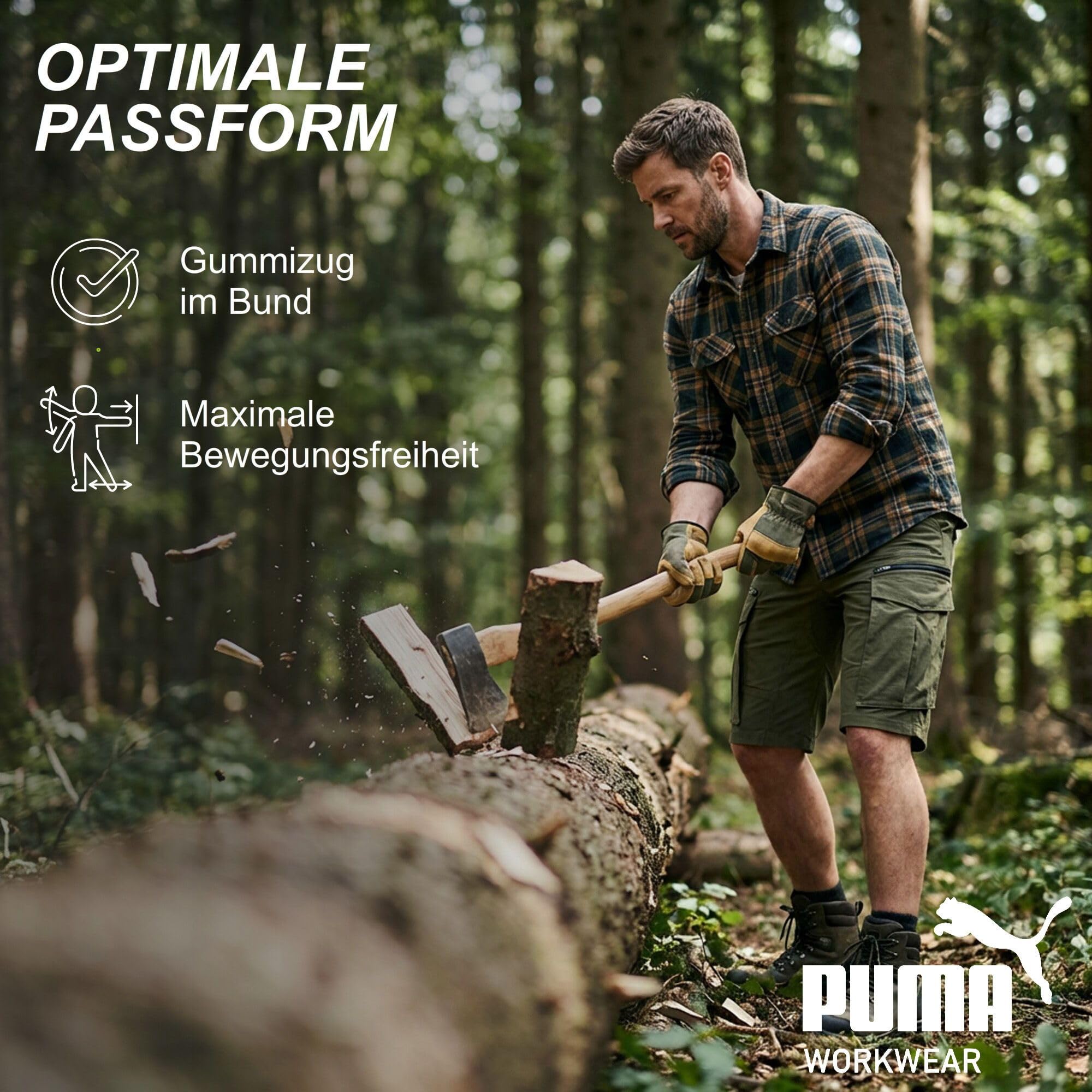 PUMA Workwear krótkie spodenki robocze męskie – wytrzymałe szorty ze stretchem i tkaniną Ripstop – gumka w pasie – podwyższona część tylna – szlufka na ramię – pokrowiec na telefon komórkowy