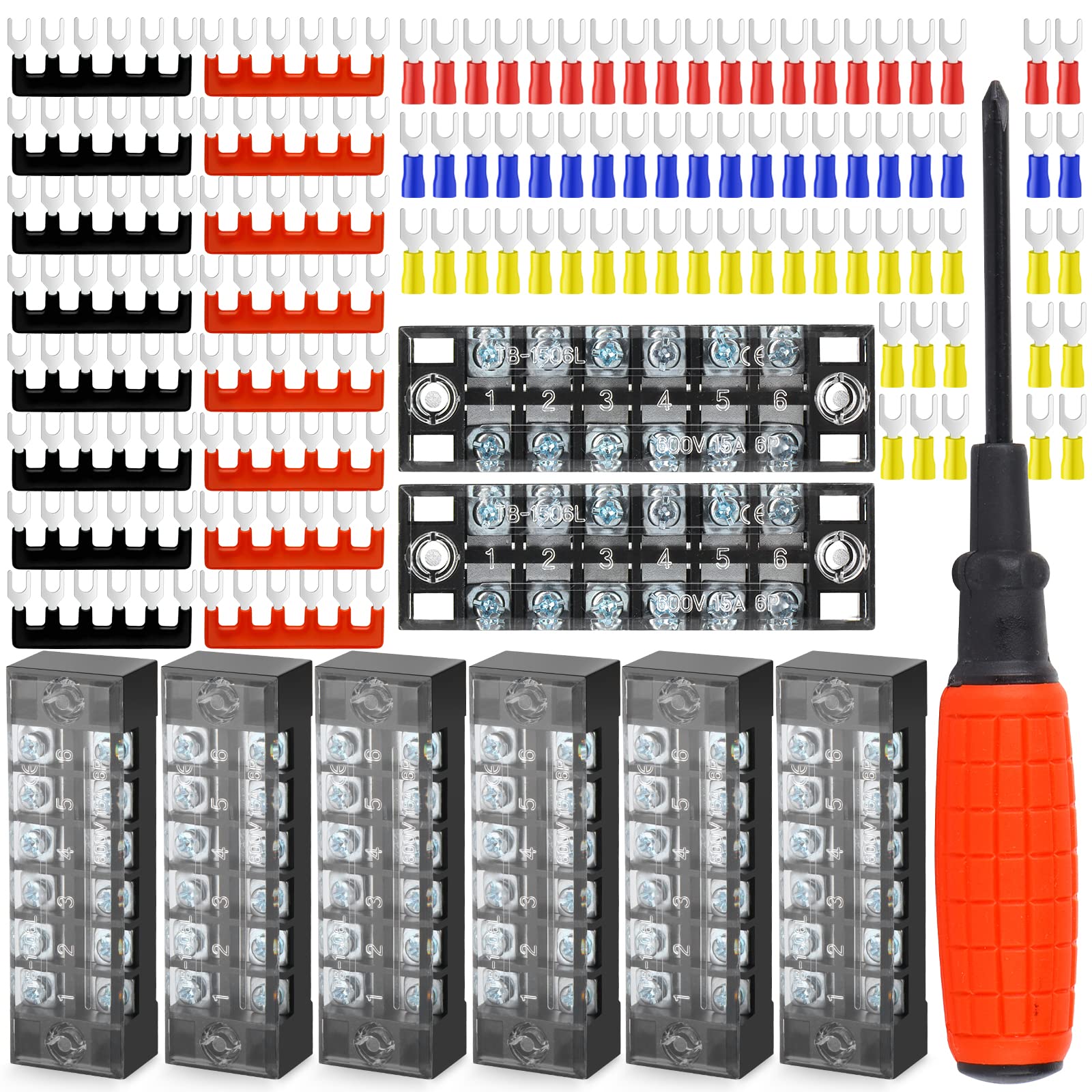 QCQIANG 8pcs Terminal Block, 15A 6 Positions Dual Row Screw Terminal Strip Block with Cover + 70Pcs Insulated Fork Wire Connector + 16Pcs Insulated Terminals Barrier Strip