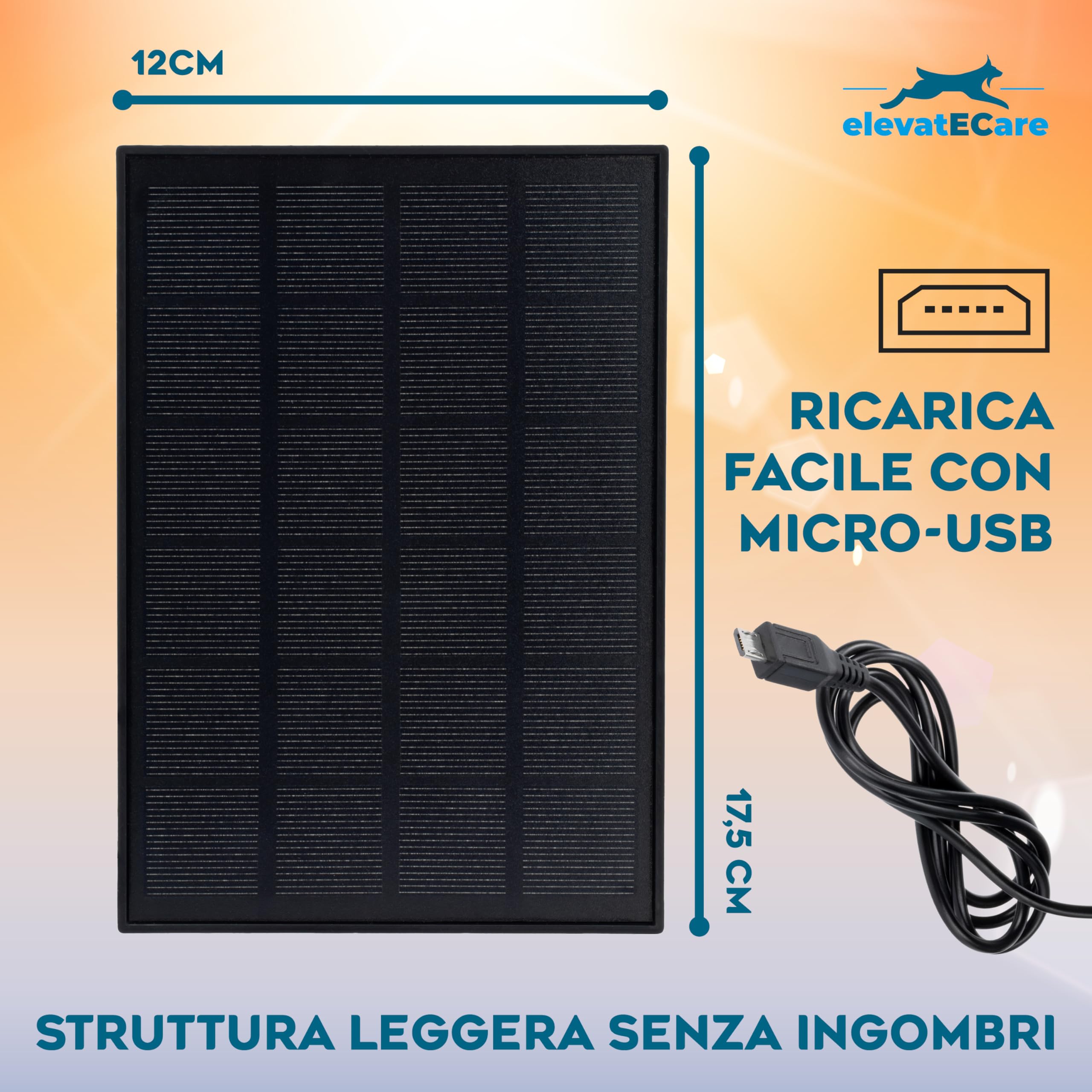 Pannello Solare Portatile Micro USB 3W – Alta Efficienza 23%, con Supporto 360°, per Luci LED, Powerbank, Emergenza