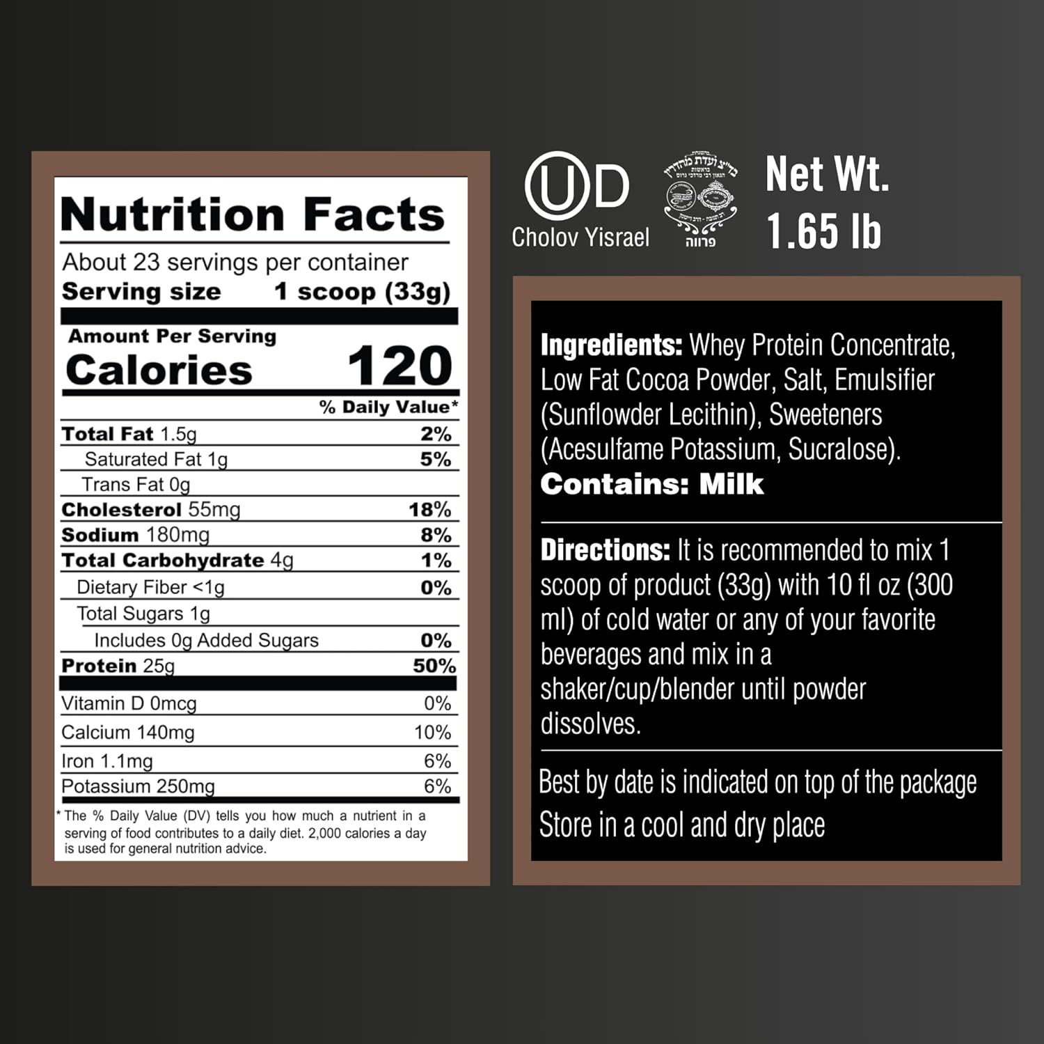 Dark Chocolate Whey Protein Powder. 25g Protein Shake for Post Workout Recovery, Smoothie & Baking. Gluten & Sugar Free, Highly Kosher, With Amino Acids (5.5g BCAA, 2.7g Leucine), 1.65lbs, 23 Servings - Image 3