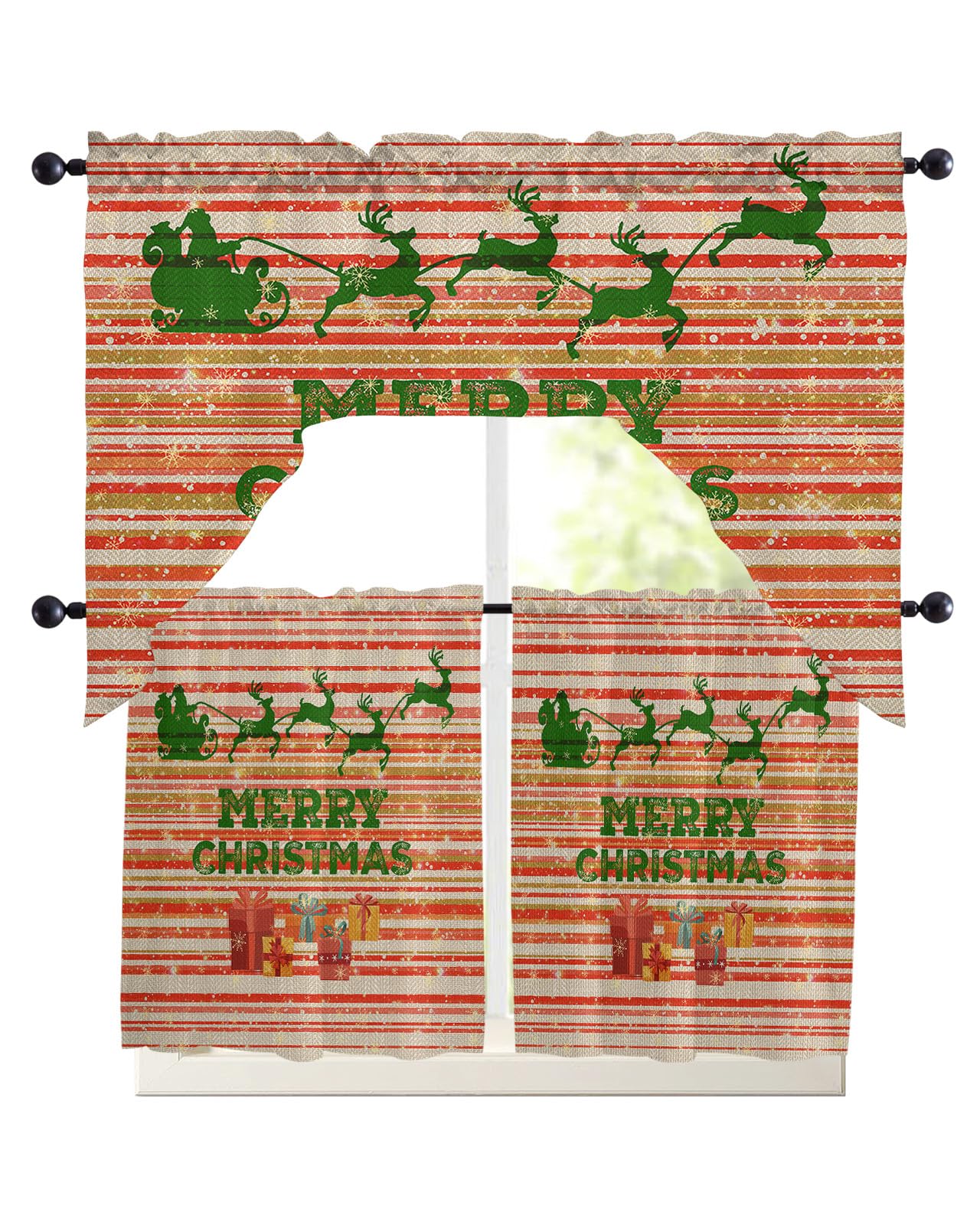 Christmas Sleigh Elk Swag Kitchen Curtain Sets with Valance,3 Pieces Rod Pocket Curtain Drapes for Bedroom Living Room Bathroom Cafe Windows,Red Stripes Gold Snowflake 56''x36'' & 24''x27.5''x2Panels