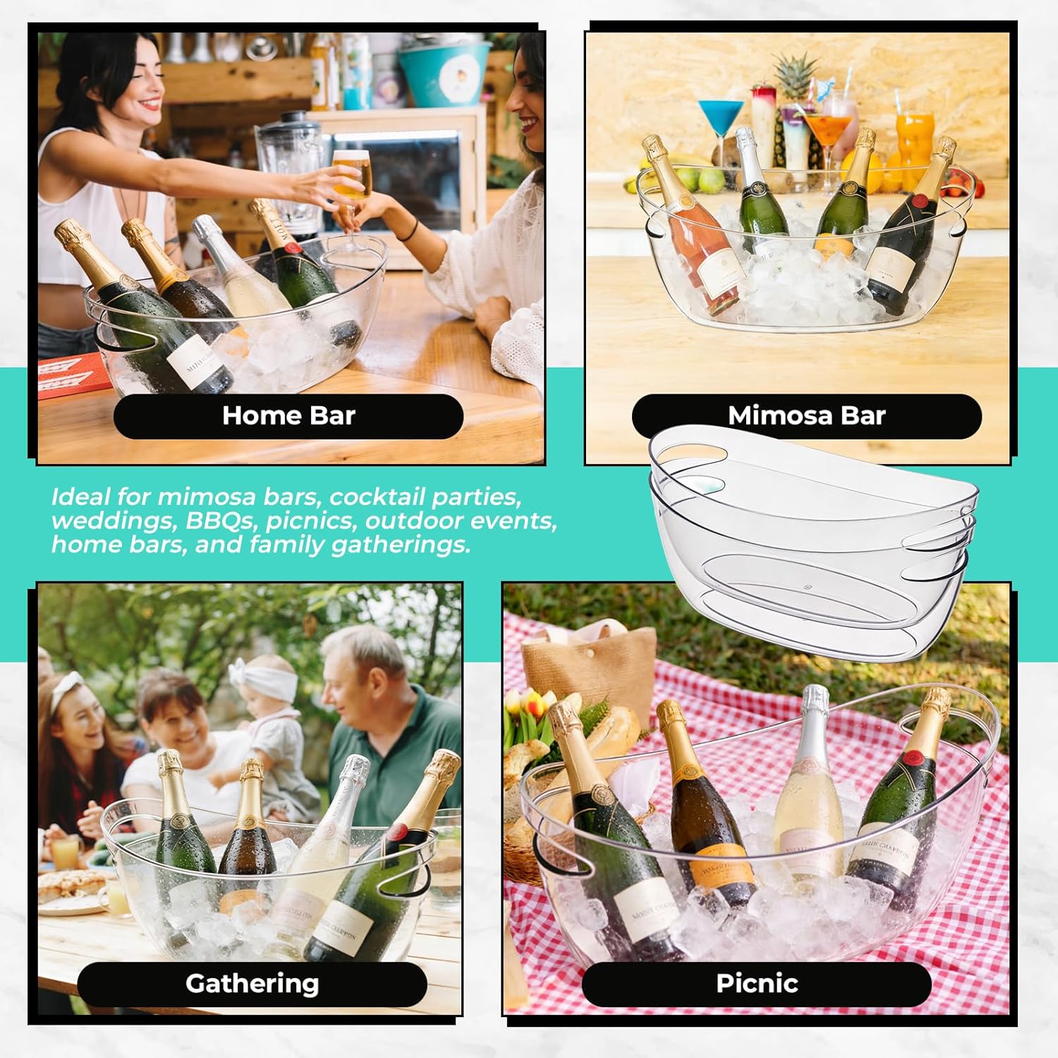 Ice Buckets 2-Pack, 5L Large Clear Acrylic Beverage Tubs with Scoops, Plastic Champagne Wine Beer Cooler for Parties, Mimosa Bar, Cocktail & Outdoor Events, Beverage Cooling Buckets