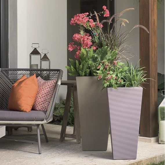 Crescent Garden Bowery Tall Square Planter with Sand Cavity for Stability - Windproof Double-Walled Outdoor HDPE Pot for Garden, Patio, Interior - 13 W x 25.5 H (Caviar Black)