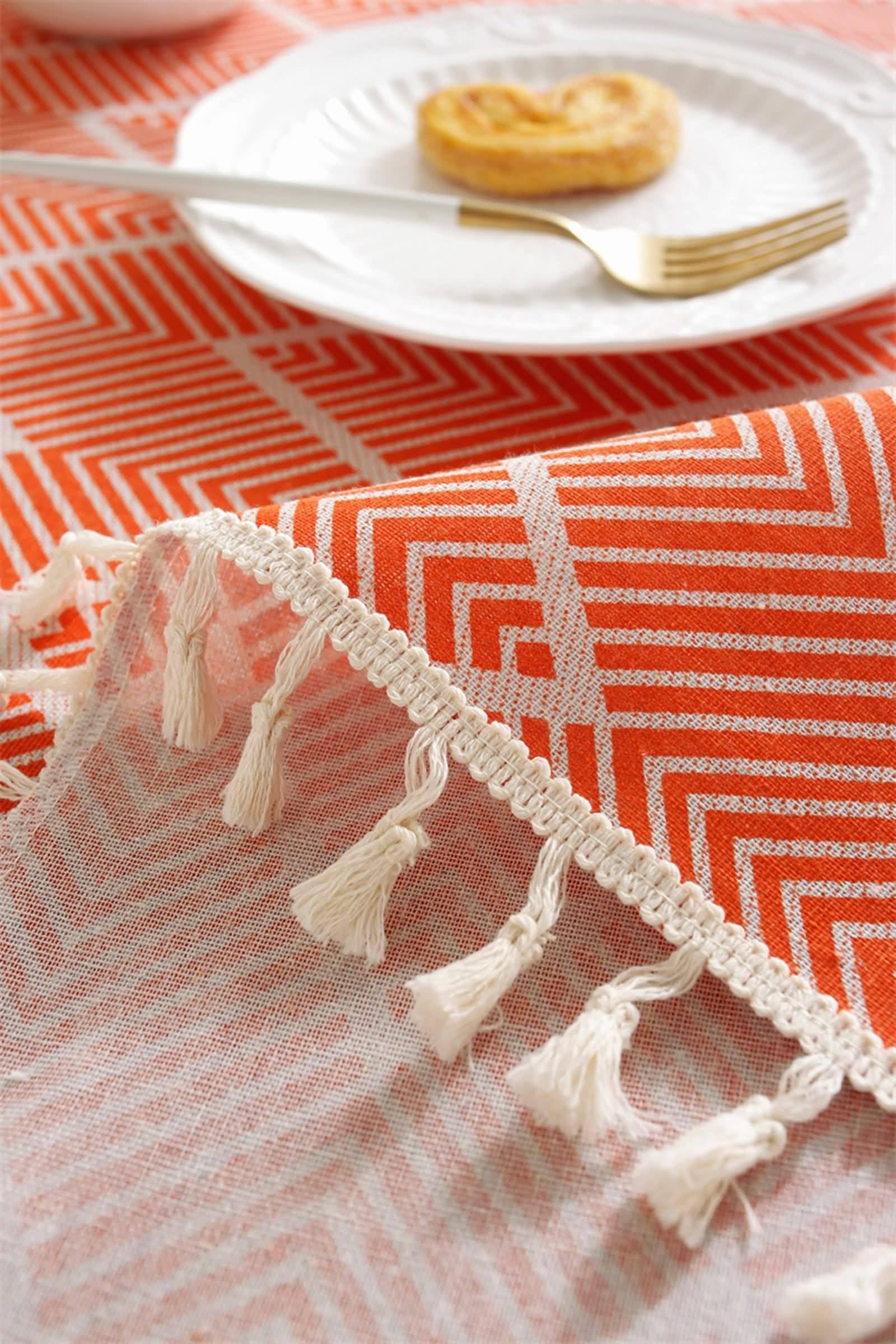 Tovaglie Antimacchia Rettangolari, Tovaglie 140 x 300 cm Motivo a strisce geometriche con nappa in Cotone Tovaglia per La Decorazione della Casa CucinaAranciaStile 2