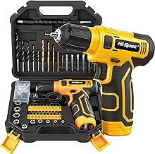Hi-Spec 8V Yellow Electric Cordless Power Drill Driver, Power Screwdriver Bits, Wood, Metal, and Masonry Drill Bit Set Accessories.