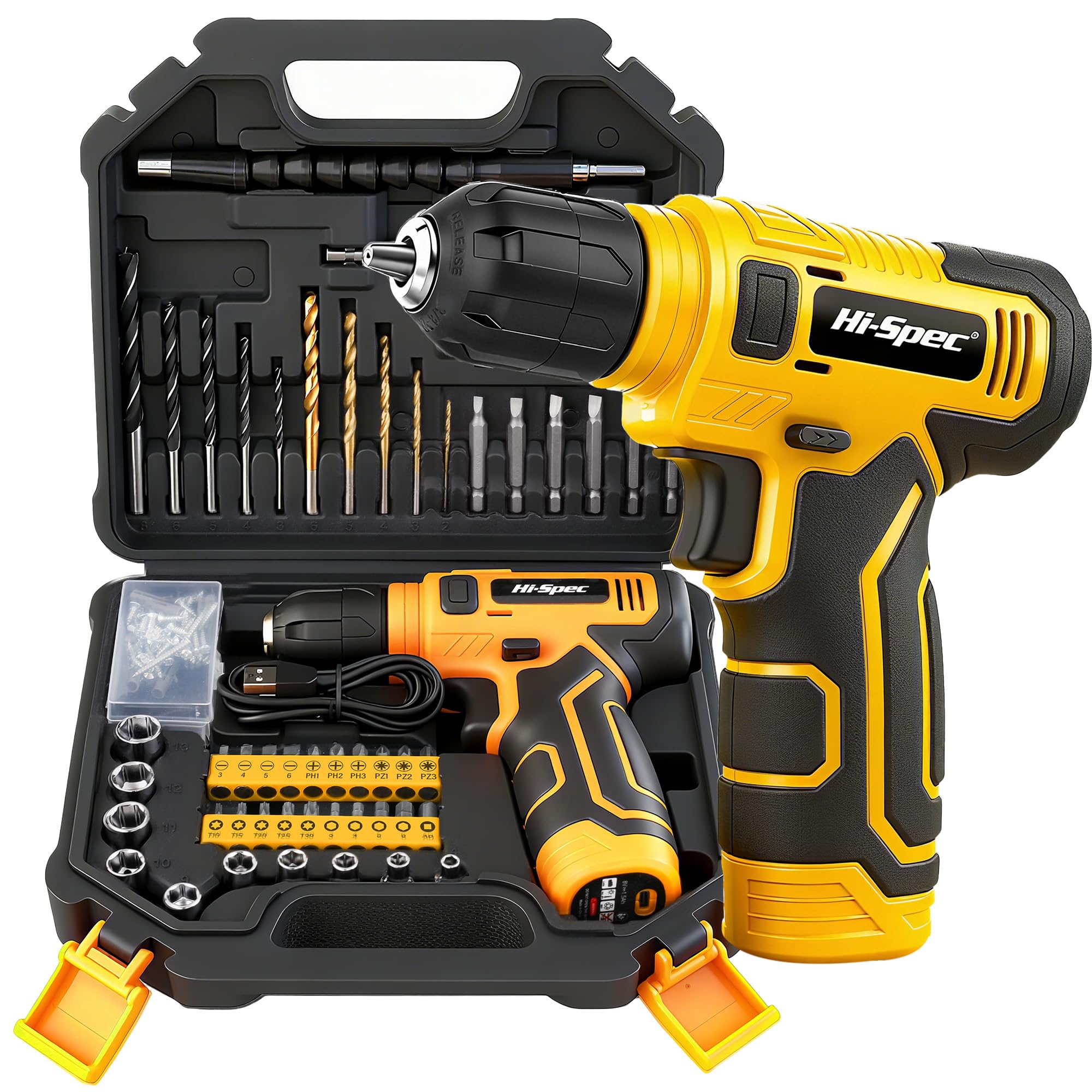Hi-Spec 8V Yellow Electric Cordless Power Drill Driver, Power Screwdriver Bits, Wood, Metal, and Masonry Drill Bit Set Accessories.