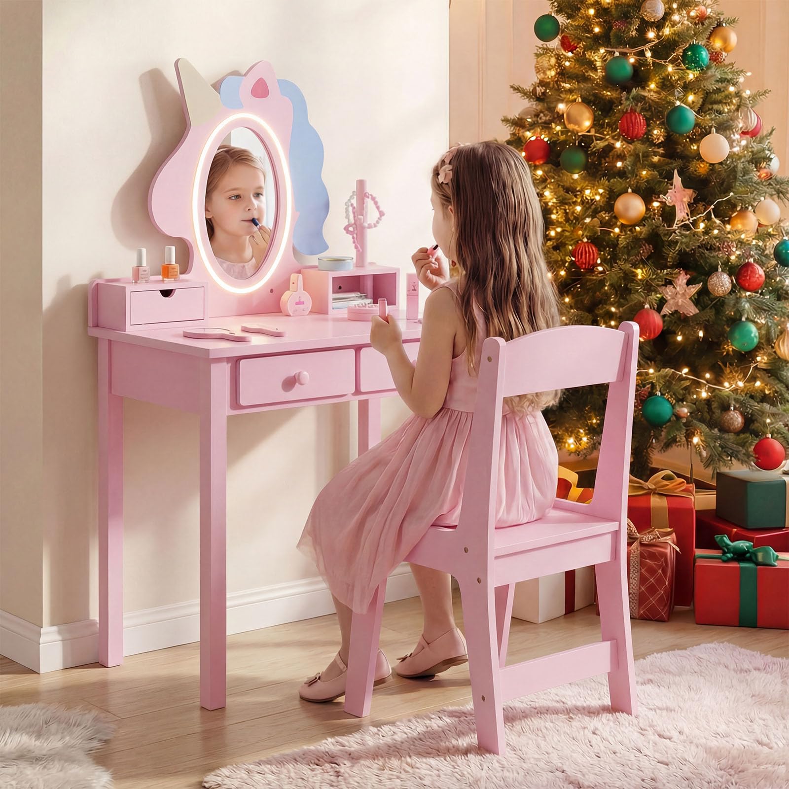 COSTWAY Toeletta Trucco per Bambini a Unicorno con Specchio Ovale, Rosa | Postazione Trucco in Legno con Tavolino con Cassetti, Mensole e Scaffale & Sgabello & Specchio Rimovibile per Cameretta