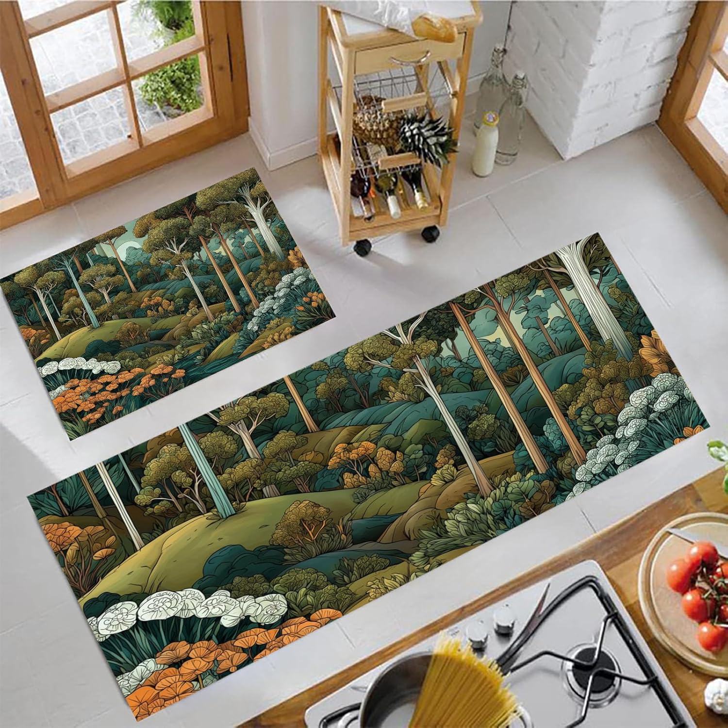 Natural Plants Kitchen Rug Sets 2 Pieces, Forest Illustration Washable Kitchen Mats for Floor, Non Slip Soft Area Rug for Laundry Room Hallway (Olive Green, 17″X29″+17″X59″)