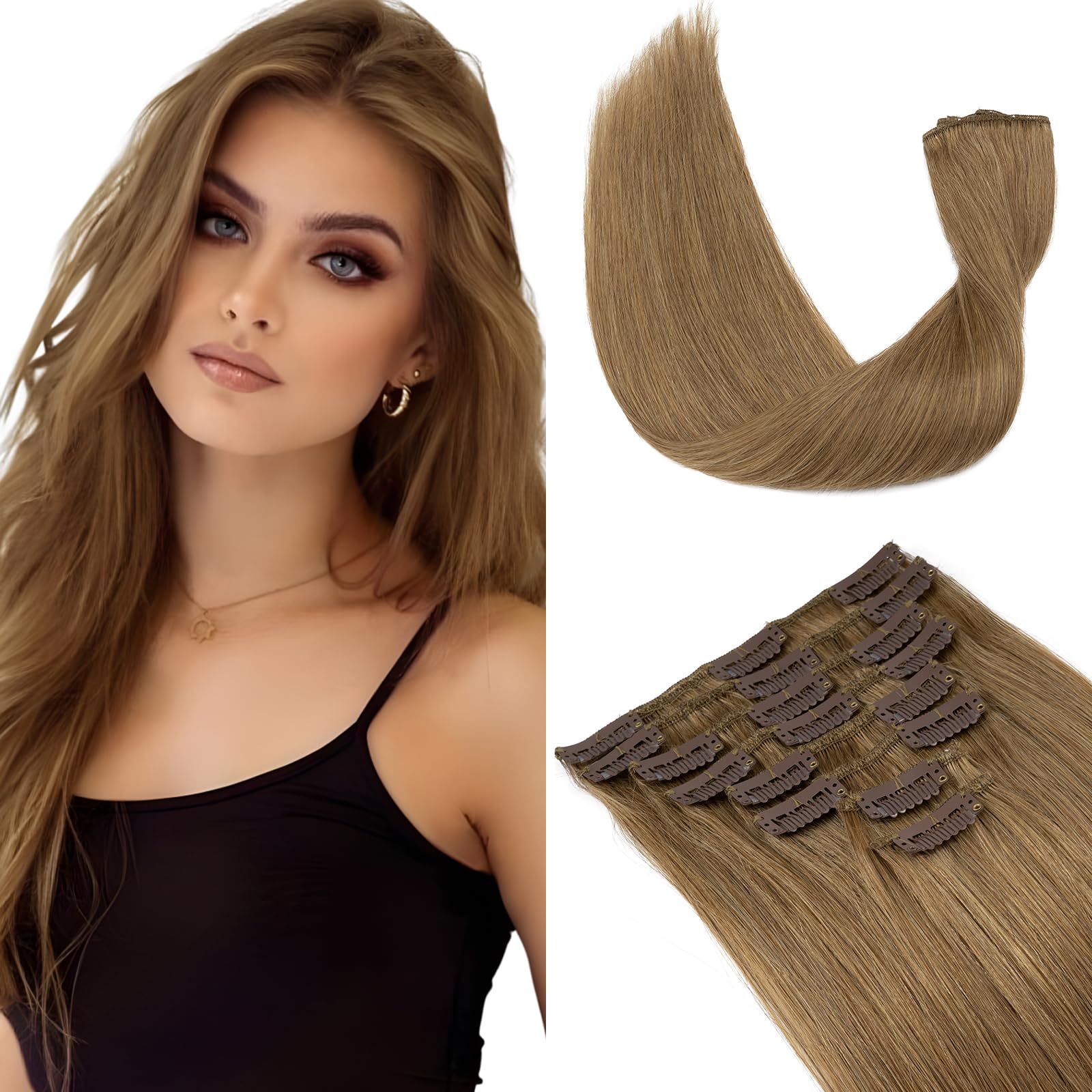 Elailite Clip in Hair Extensions Real Human Hair Remy - 8 Pcs Invisible Thin Weft - #06 Light Brown - 18 Inch 70G