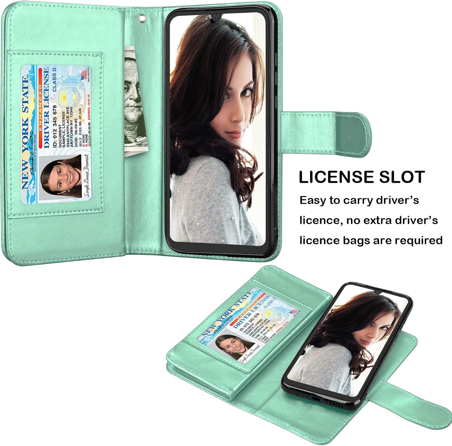 NJJEX for Moto E Case 2020, for Motorola E 2020 Wallet Case 6.2", [9 Card Slots] Luxury PU Leather ID Credit Card Holder Folio Flip [Detachable] Kickstand Magnetic Phone Cover & Lanyard [Turquoise]