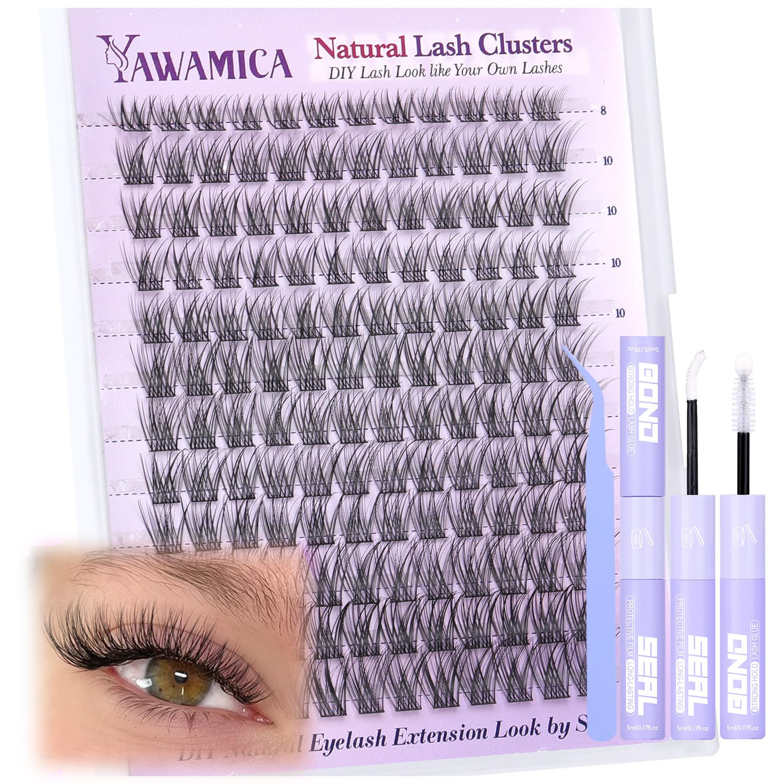 Yawamica Lash Clusters Kit Natural Lash Extension Kit 8-14mm Short Eyelash Clusters C Curly Wispy Individual Lashes with Waterproof Lash Bond and Seal