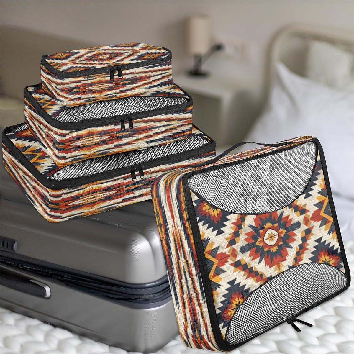 Tribal Fashion Flowers 4 Set Packing Cubes Packing Cubes for Women Lightweight Travel Essential Bag Clothes Carry on Suitcase Bags for Accessories Essentials