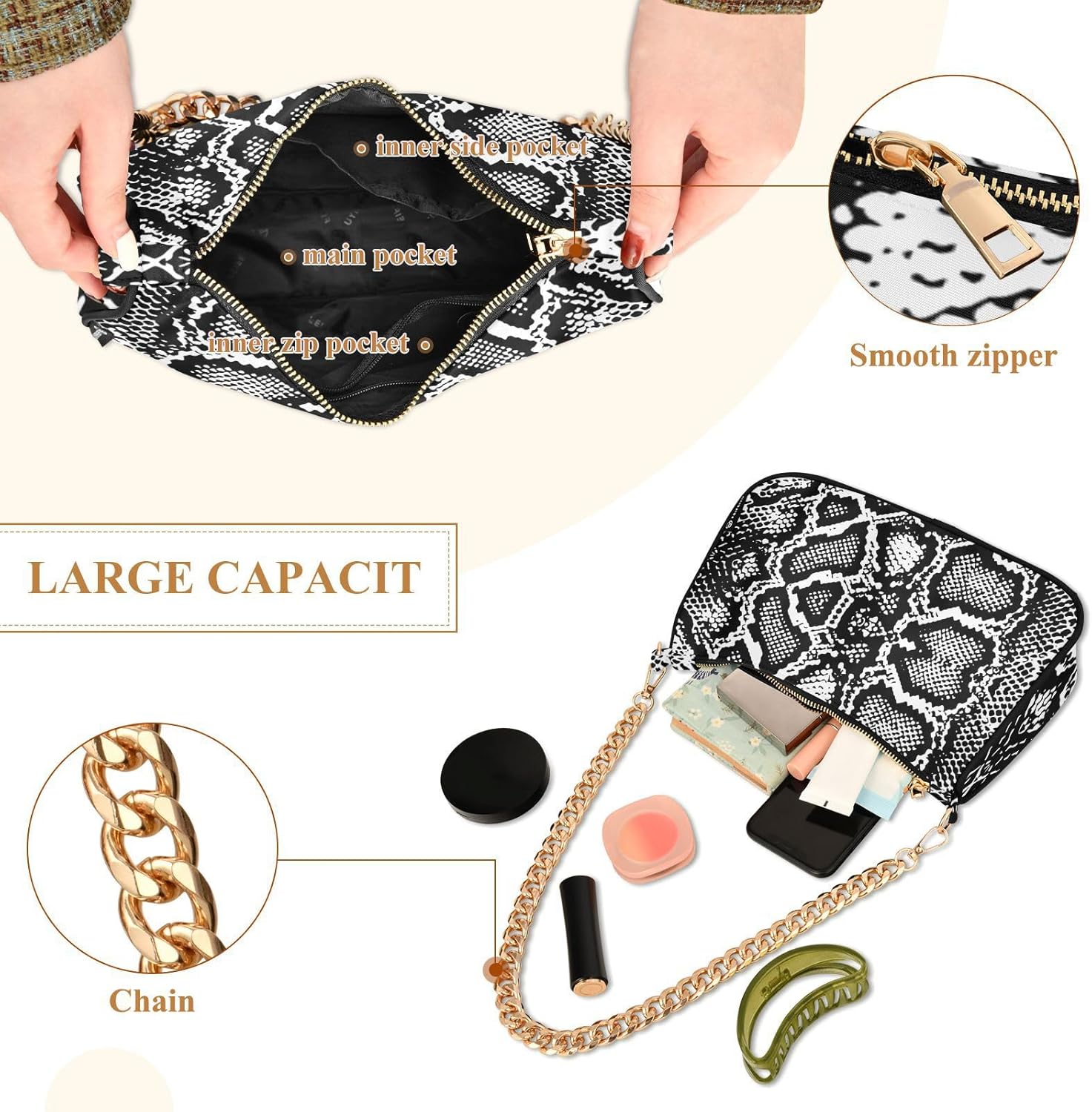 Shoulder Bag Snake Skin Black White Women Clutch Handbag Shoulder Purch Boho Bag Date Chain Bag Tote Bag Spring Holiday Birthday Gift for Girlfriend, Wife, Lover - Image 2