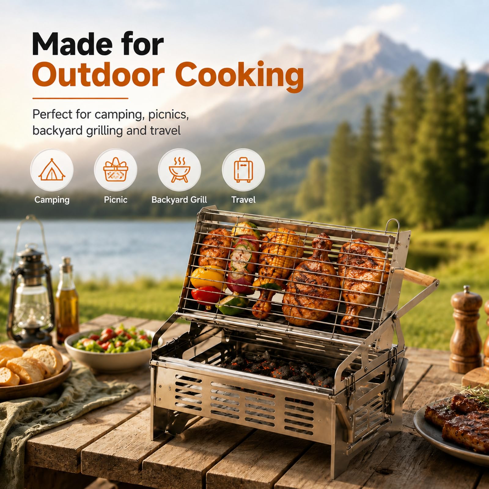 Griglia Pieghevole 360°, Barbecue A Carbone con Cestello Bloccabile | Vaschetta Ventilata, Cottura Uniforme, Pulizia Facile, 39.5×28×39cm, 3.5kg, Per Campeggio, Spiagge, Cortili