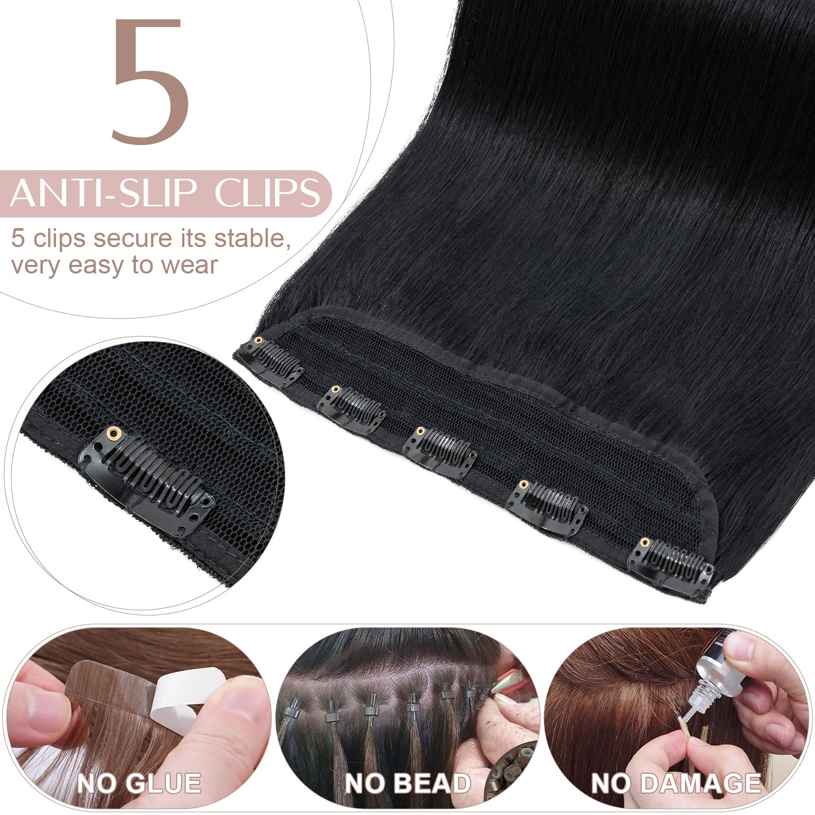 20"(50cm) SEGO Extensiones de Clip de Pelo Natural Una Pieza GRUESA con 5 Clips [#1 Negro Intenso] Remy Cabello Humano Liso (95g) - 3