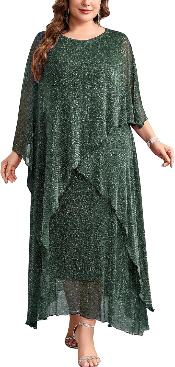 TIARALY 1X-5X Plus Size Formal Dress Long Cape Overlay Dresses Wedding Guest Evening Mother of Bride Groom Outfit