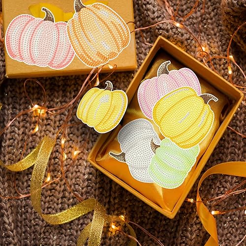 Miniatura 6 de Juego de 8 posavasos de calabaza con diamantes bohemios con soporte, posavasos de pintura de diamante de calabaza boho con antideslizante para