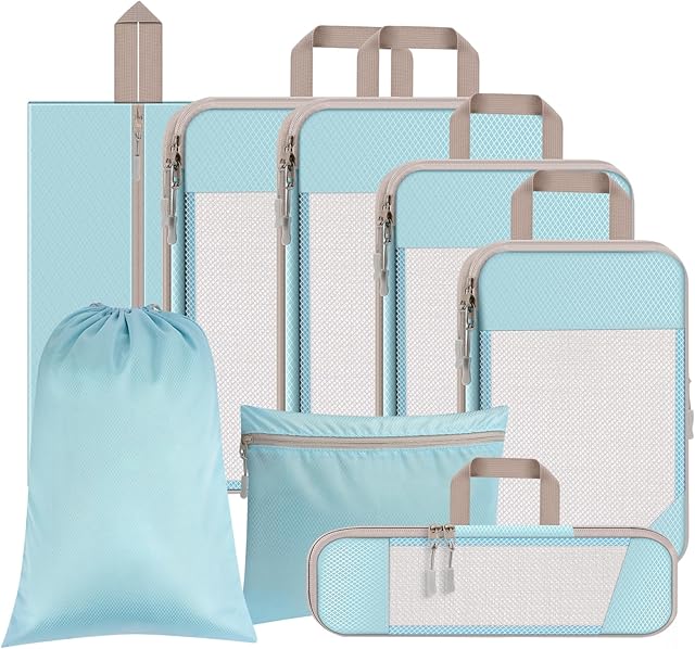 Lnueovcn Compression Packing Cubes, 8 PCS Packing Cubes for Suitcases, Extensible Suitcase Organiser Bags Travel Luggage Organiser Set for Suitcase Travel Backpack Essentials or Home Storage (Blue)