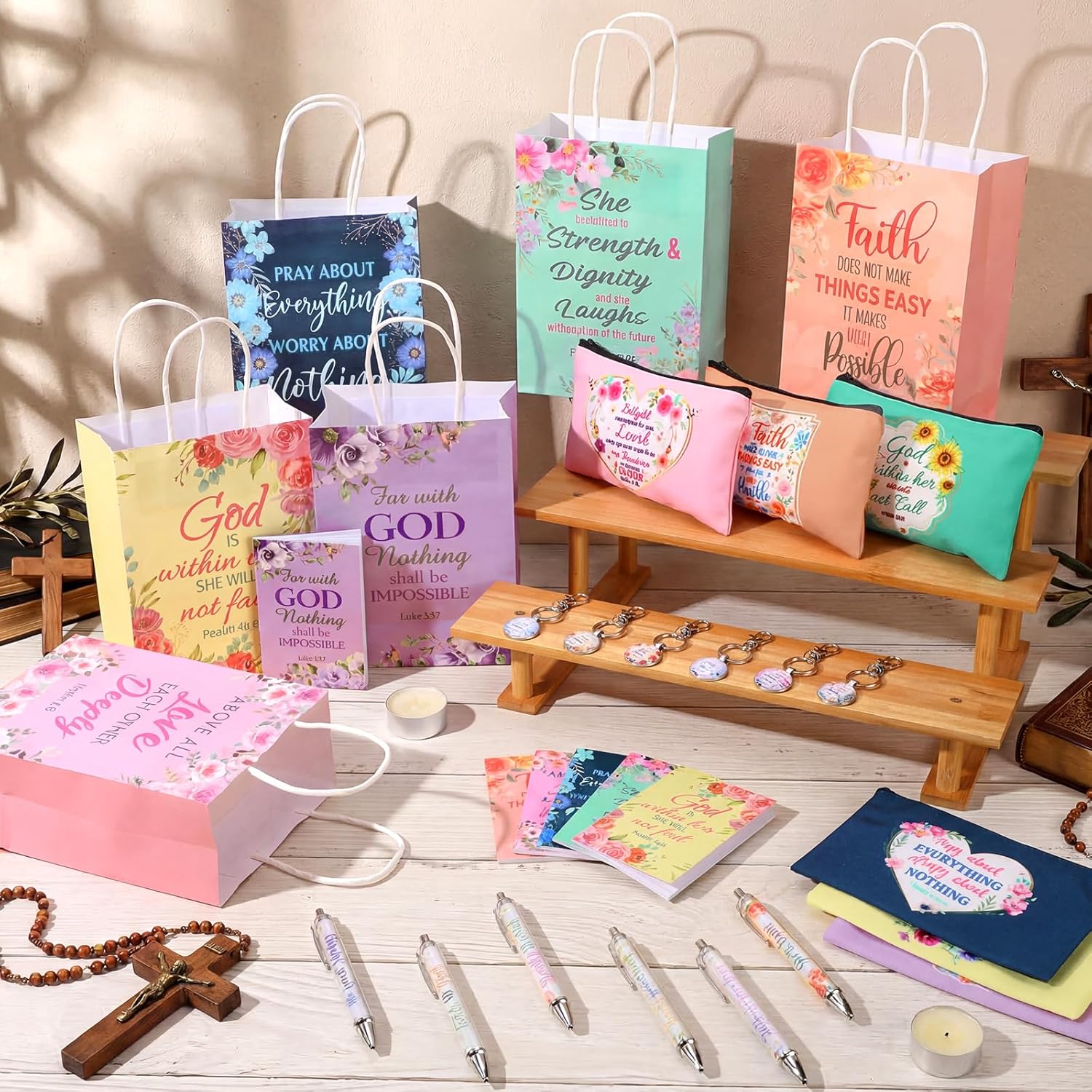 30 Pcs Mother's Day Floral Christian Gift for Women Include 6 Bible Verse Makeup Pouch 6 Religious Gift Bag 6 Keychain 6 Inspirational Flower Notepad 6 Ballpoint Pen for Catholic Party Favor