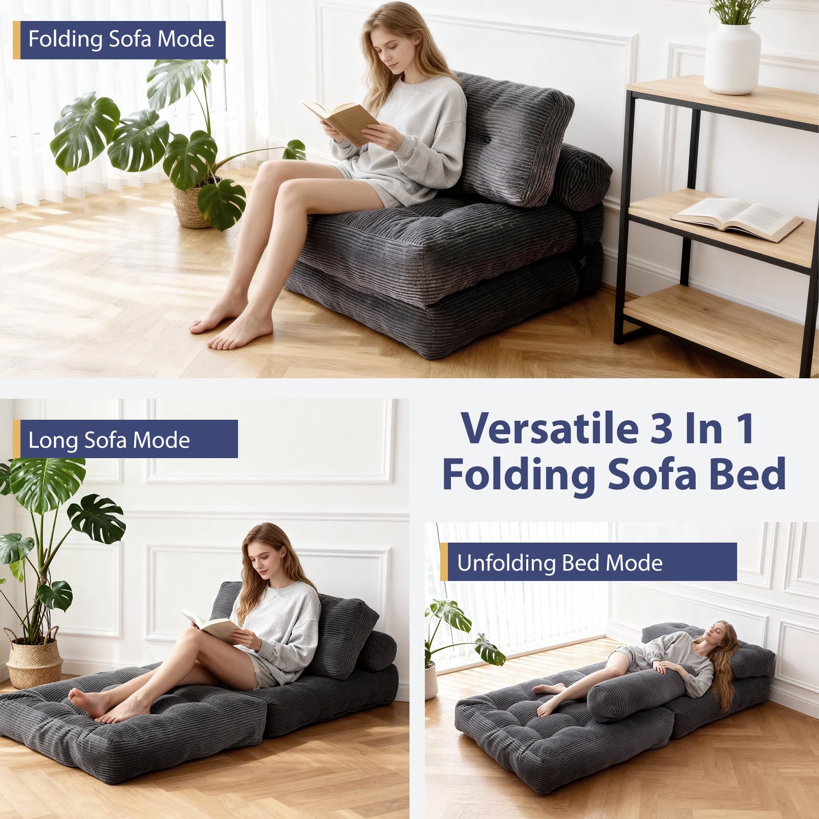 Canapé-lit Pliable et Convertible avec Oreiller, Matelas avec Support Dorsal, Fauteuil-lit Portable et Confortable pour Salon, Chambre à Coucher (Gris)