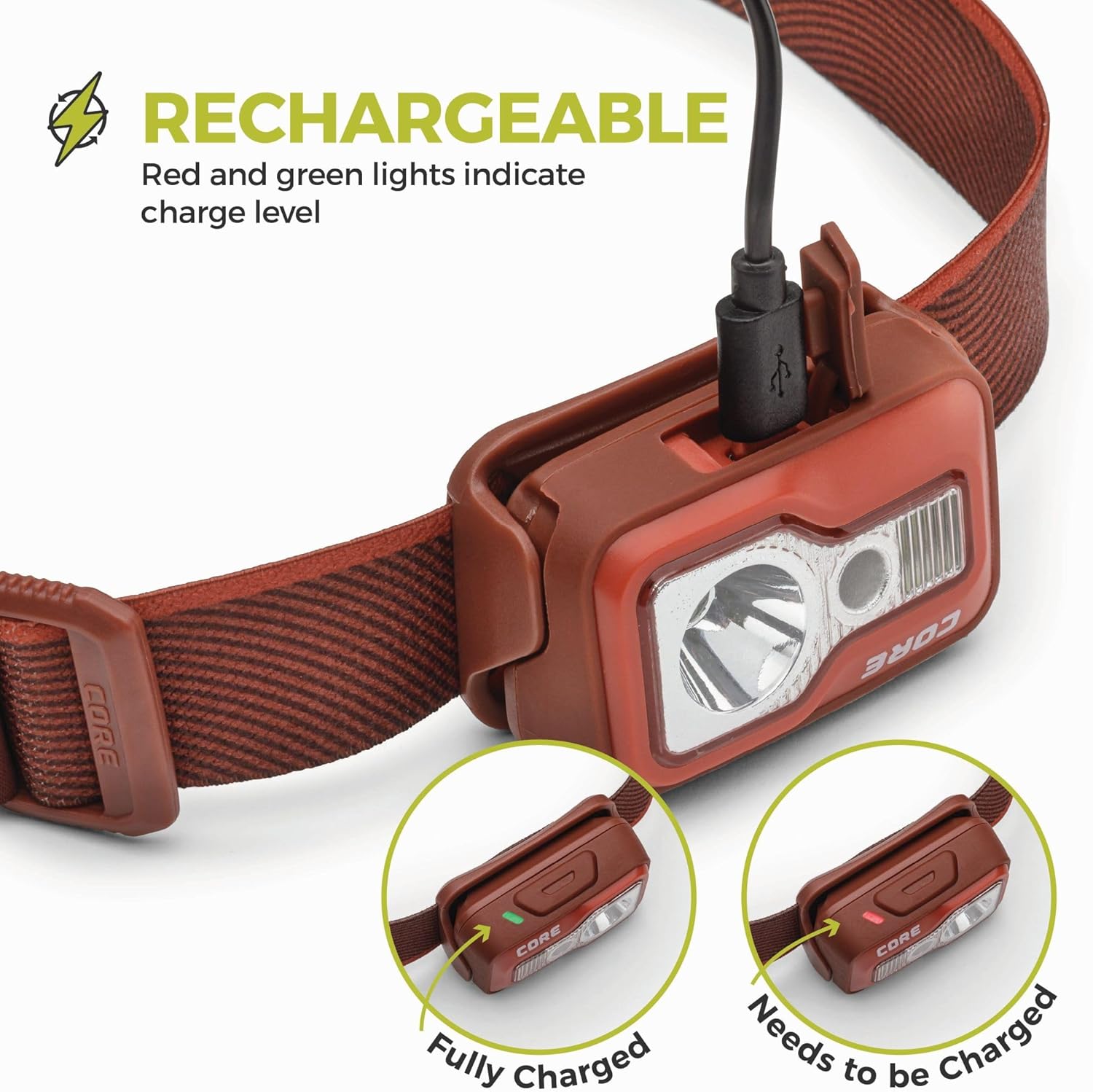 CORE 600 Lumen Rechargeable Headlamp (2-Pack) | USB LED Head Light with 4 Modes, Long Battery Life, Water Resistant | Ideal for Work, Emergency, Camping, Running, Hiking | USB Cable Included