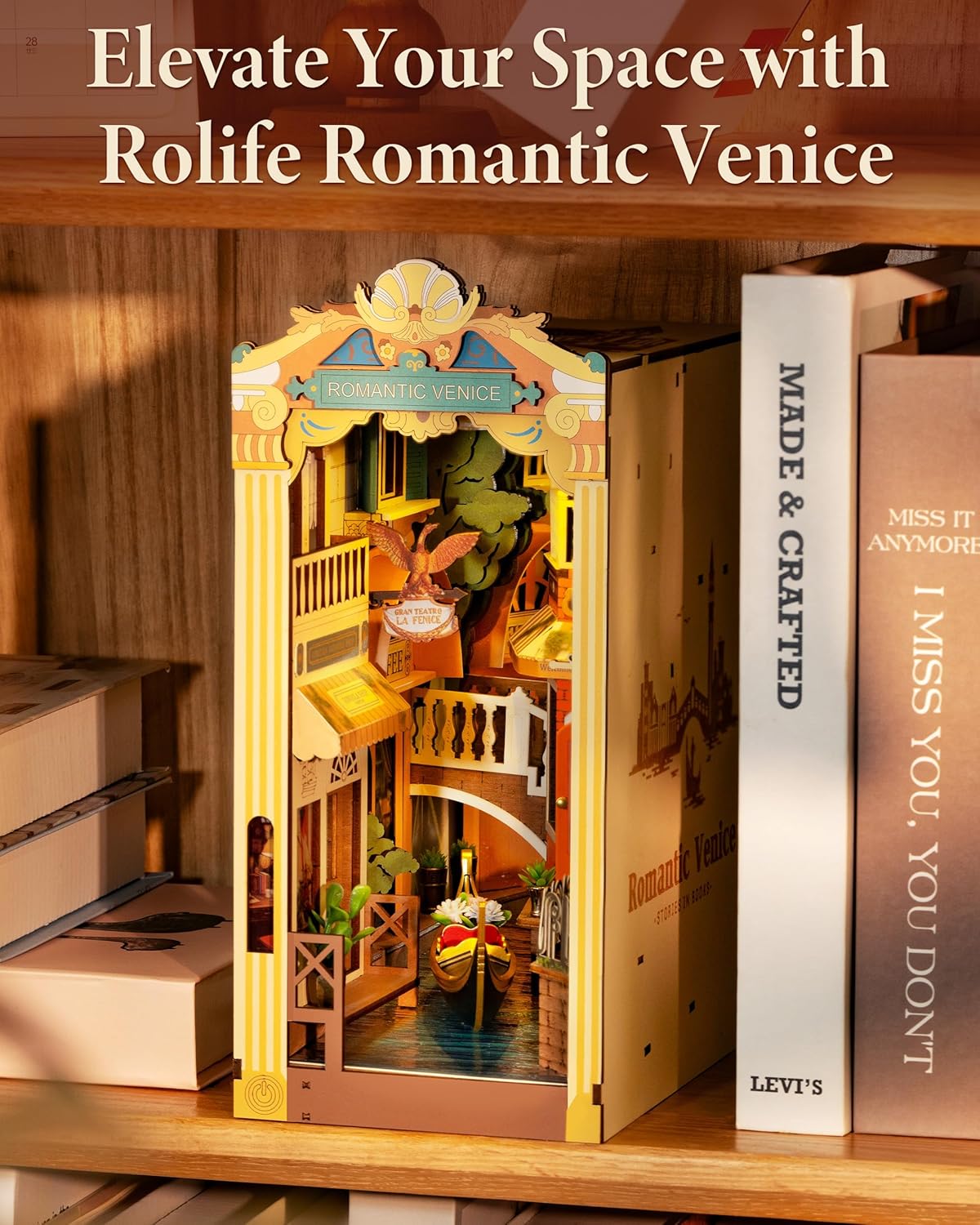 Rolife DIY Book Nook Kits for Adults 3D Wooden Puzzle-Bookshelf Insert Booknook-Miniature Kit-Gifts for Boys Girls (Romantic Venice)
