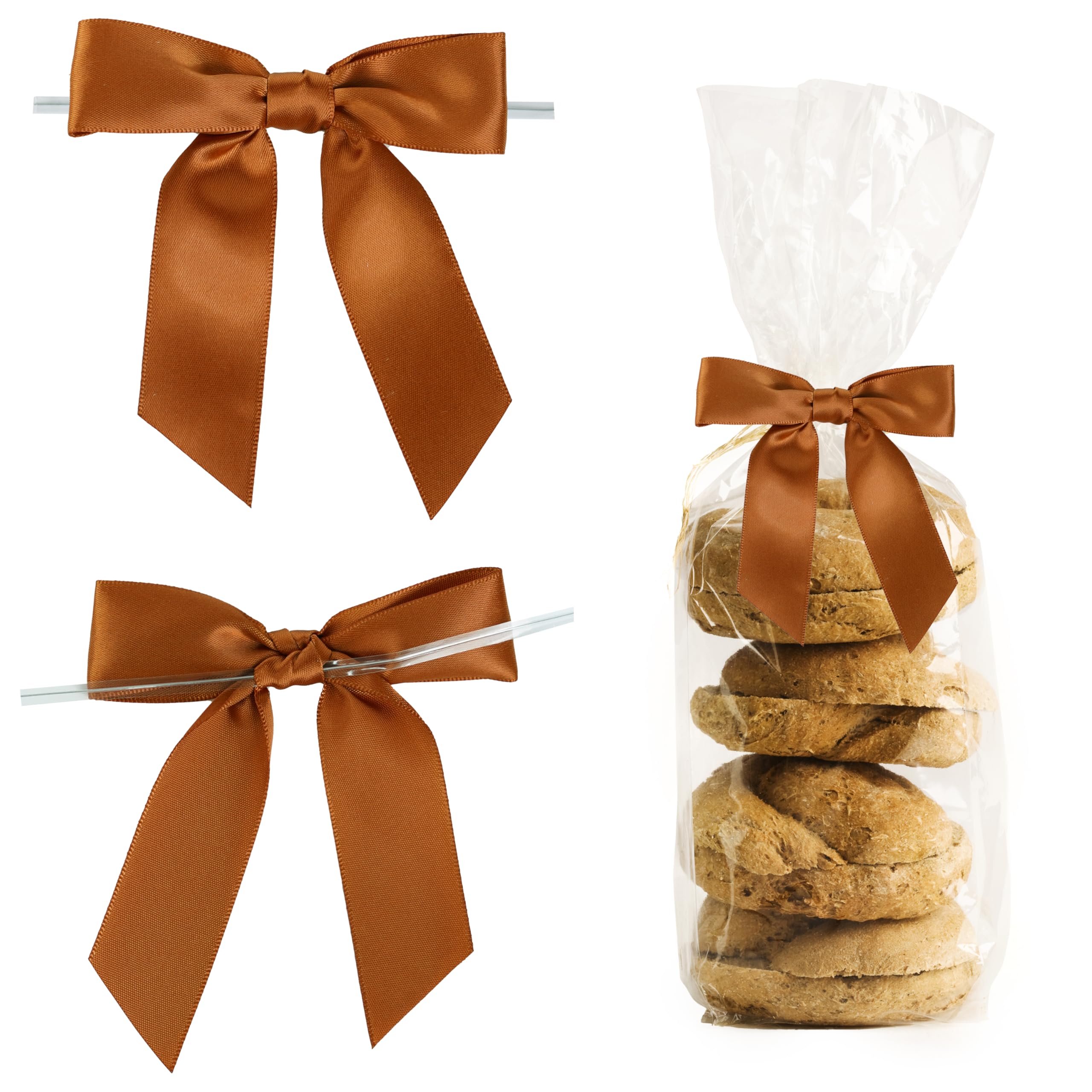 LIZLOVESS Pre-Tied Copper Bows for Christmas 3.5 Inch Premade Copper Twist Tie Bows for Gift Wrapping Satin Bows for Crafts, Party Favors, Treat Bags,