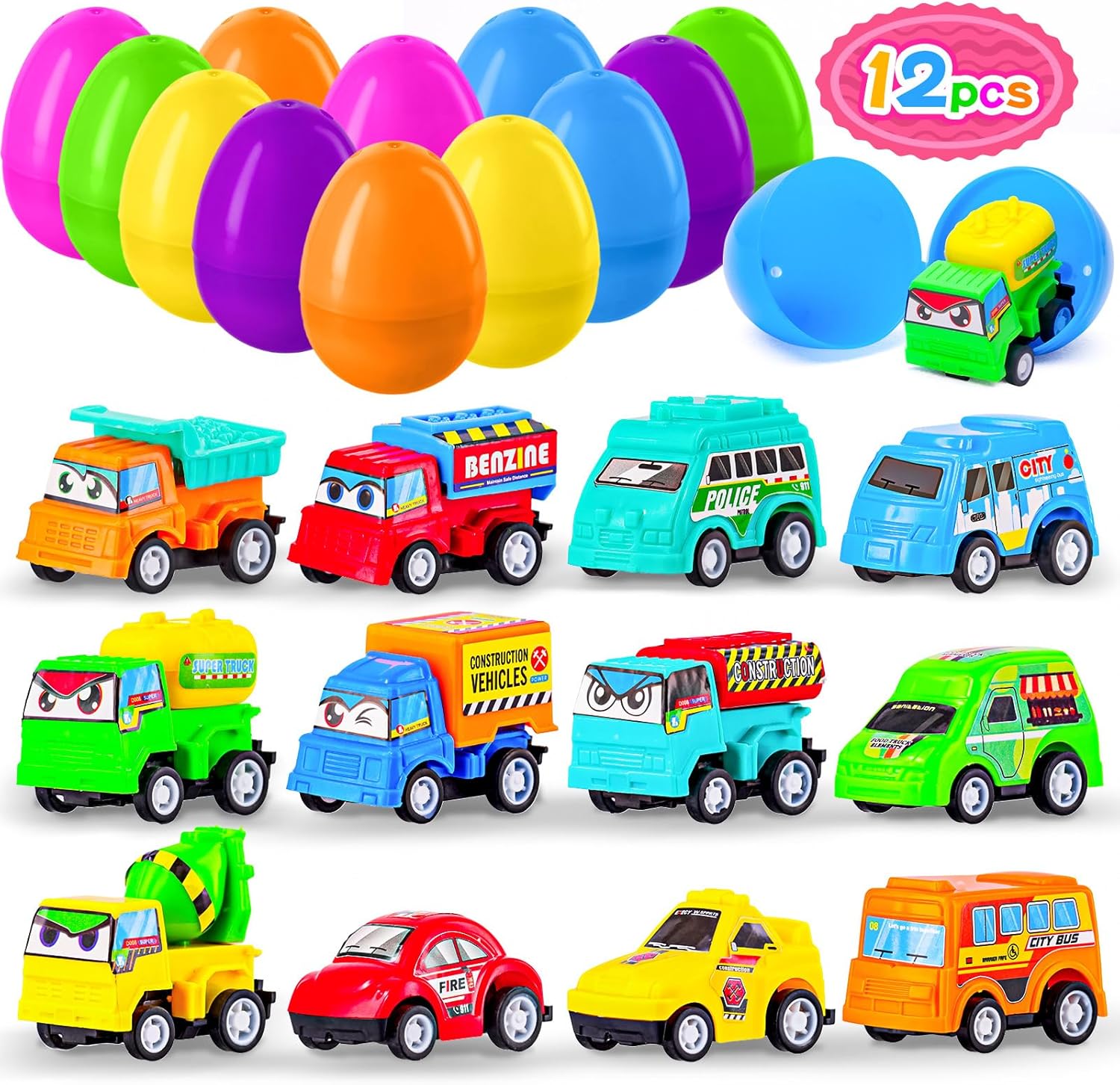 MGparty 12 Pack Prefilled Easter Eggs with Car Toys for Kids Toddlers Bulk Plastic Eggs Pull Back City Truck Vehicles Easter Goodie Bags Stuffers for Toddlers Boys Girls